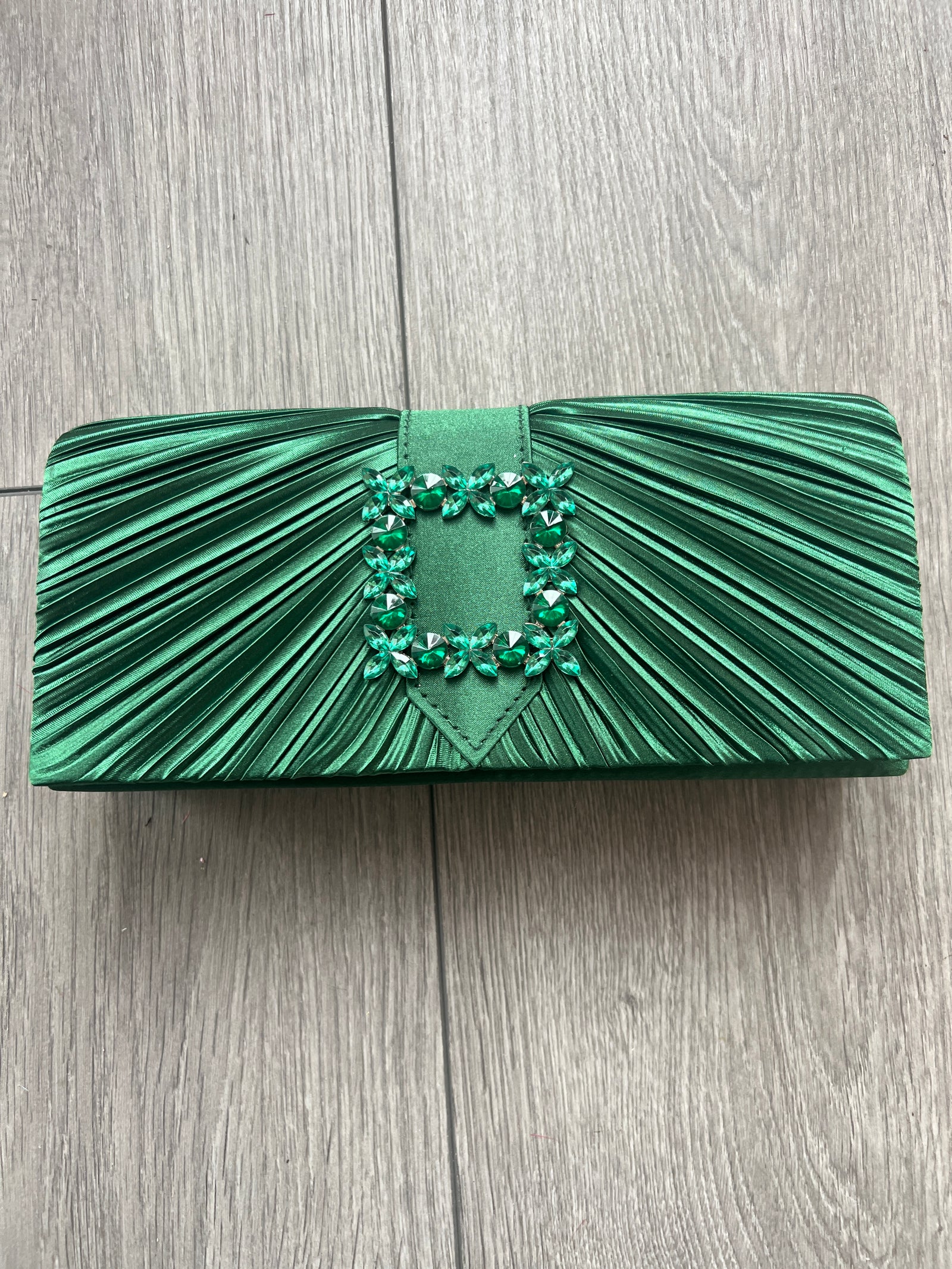 Emerald Green Satin Pleated Clutch Bag With Jewel Embellishment-Fascinators Direct
