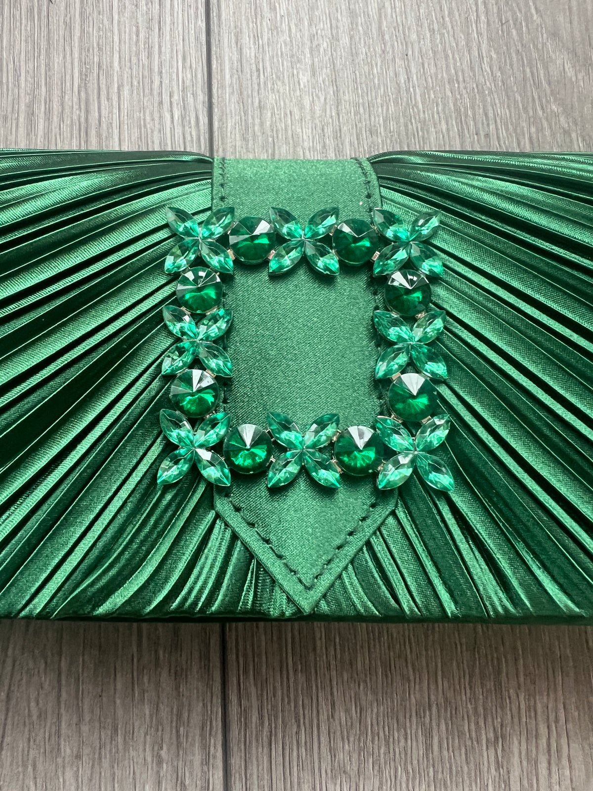 Emerald Green Satin Pleated Clutch Bag With Jewel Embellishment-Fascinators Direct