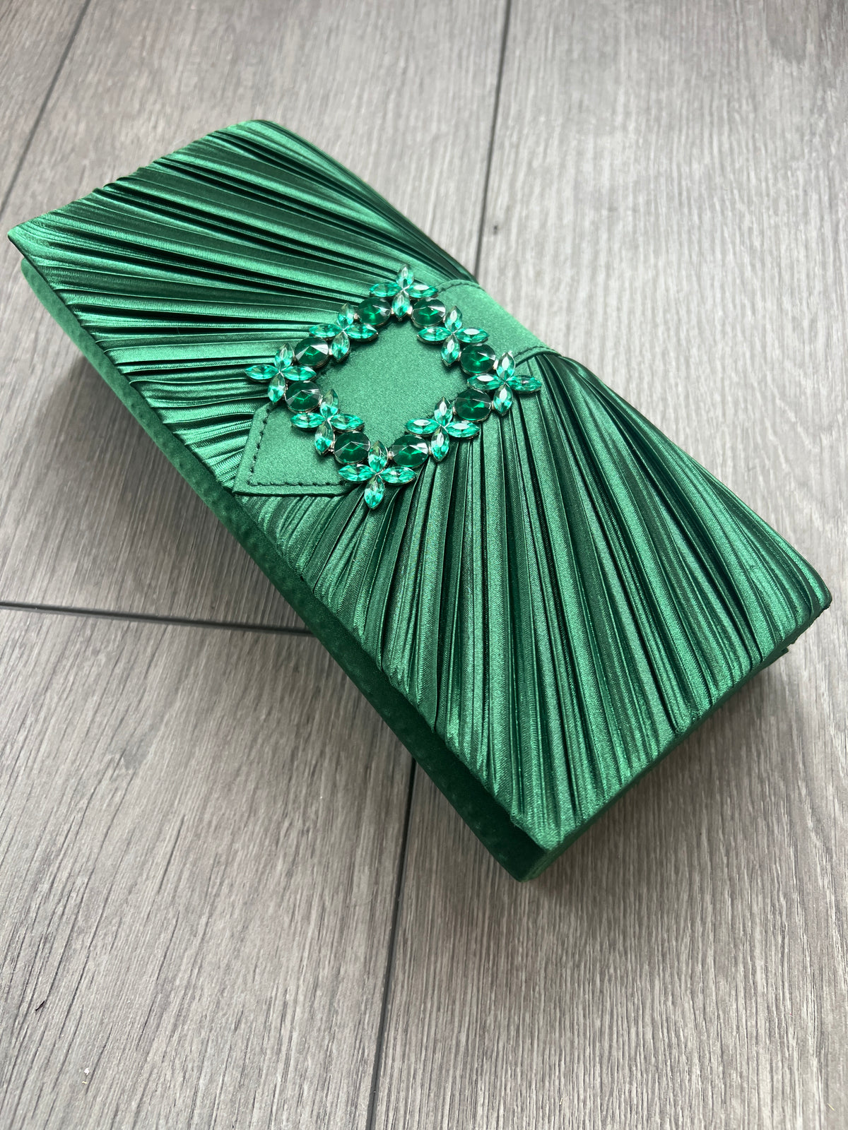 Emerald Green Satin Pleated Clutch Bag With Jewel Embellishment-Fascinators Direct