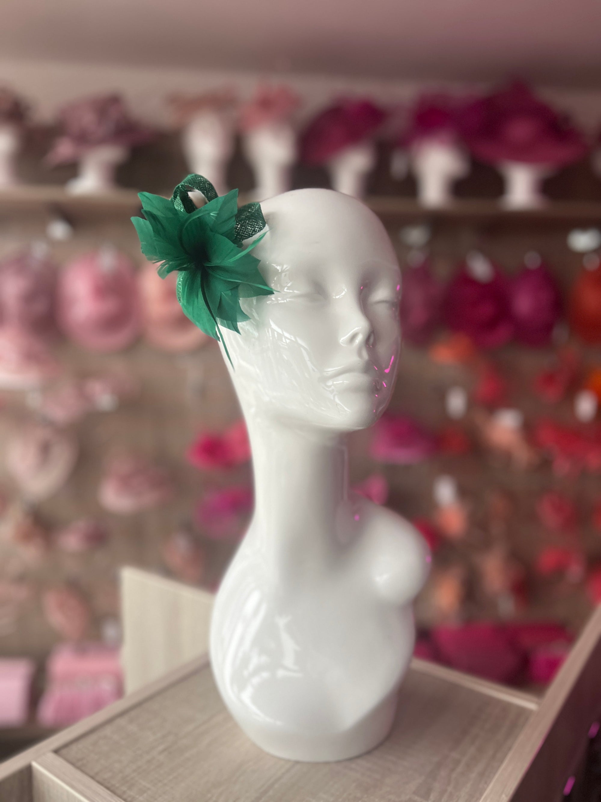 Emerald Green Small Hair Clip Sinamay Fascinator with Feather Flower-Fascinators Direct