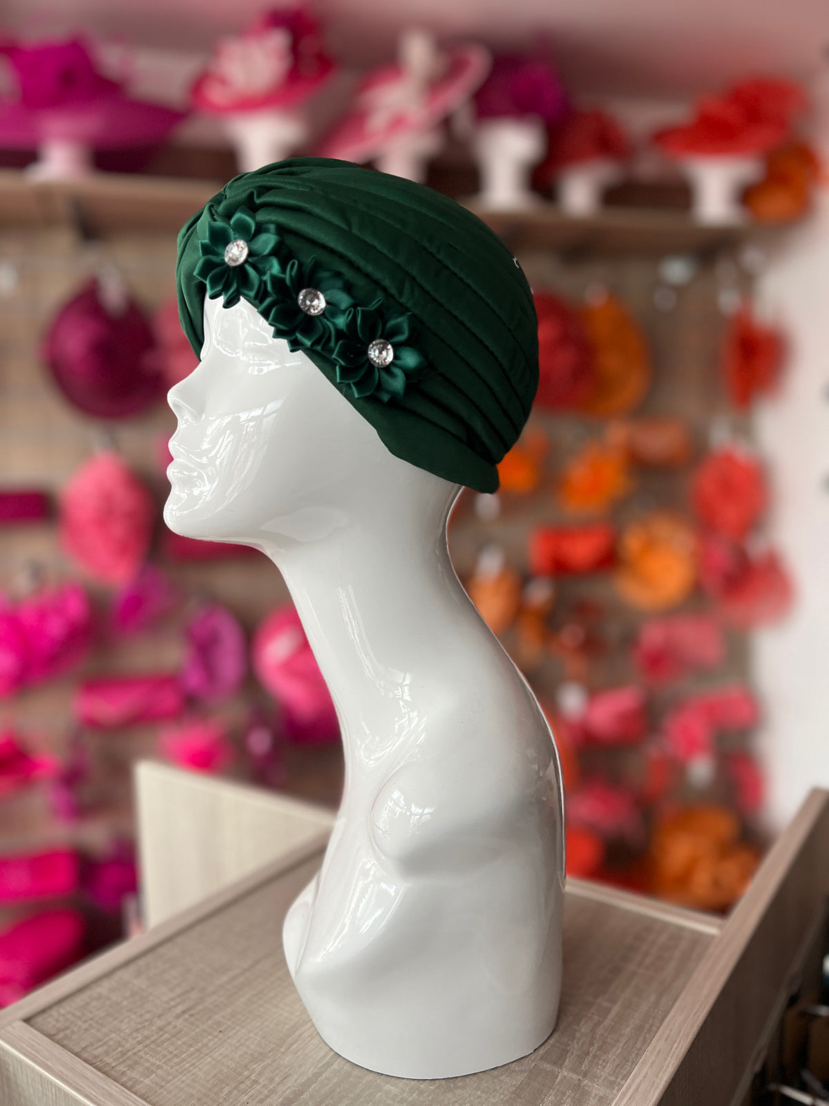 Emerald Green Turban With 3 Embellished Flowers-Fascinators Direct