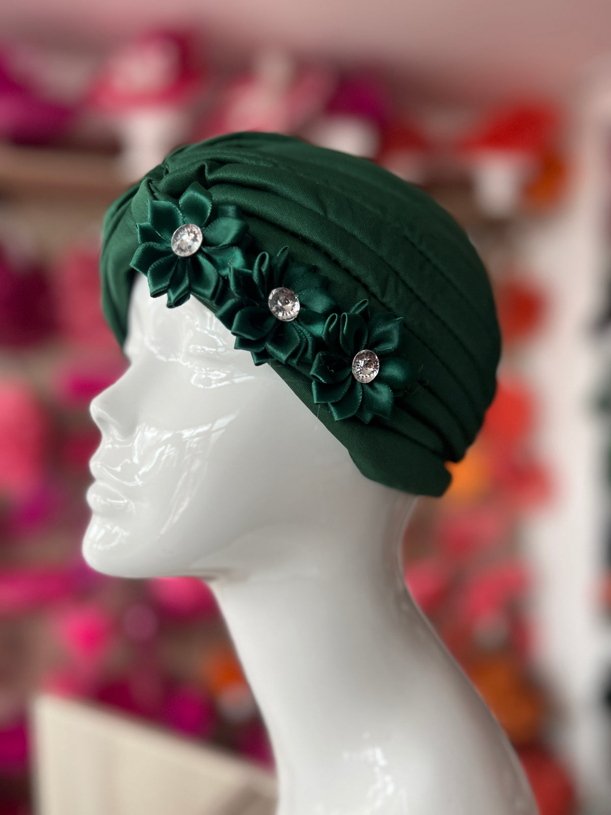 Emerald Green Turban With 3 Embellished Flowers-Fascinators Direct