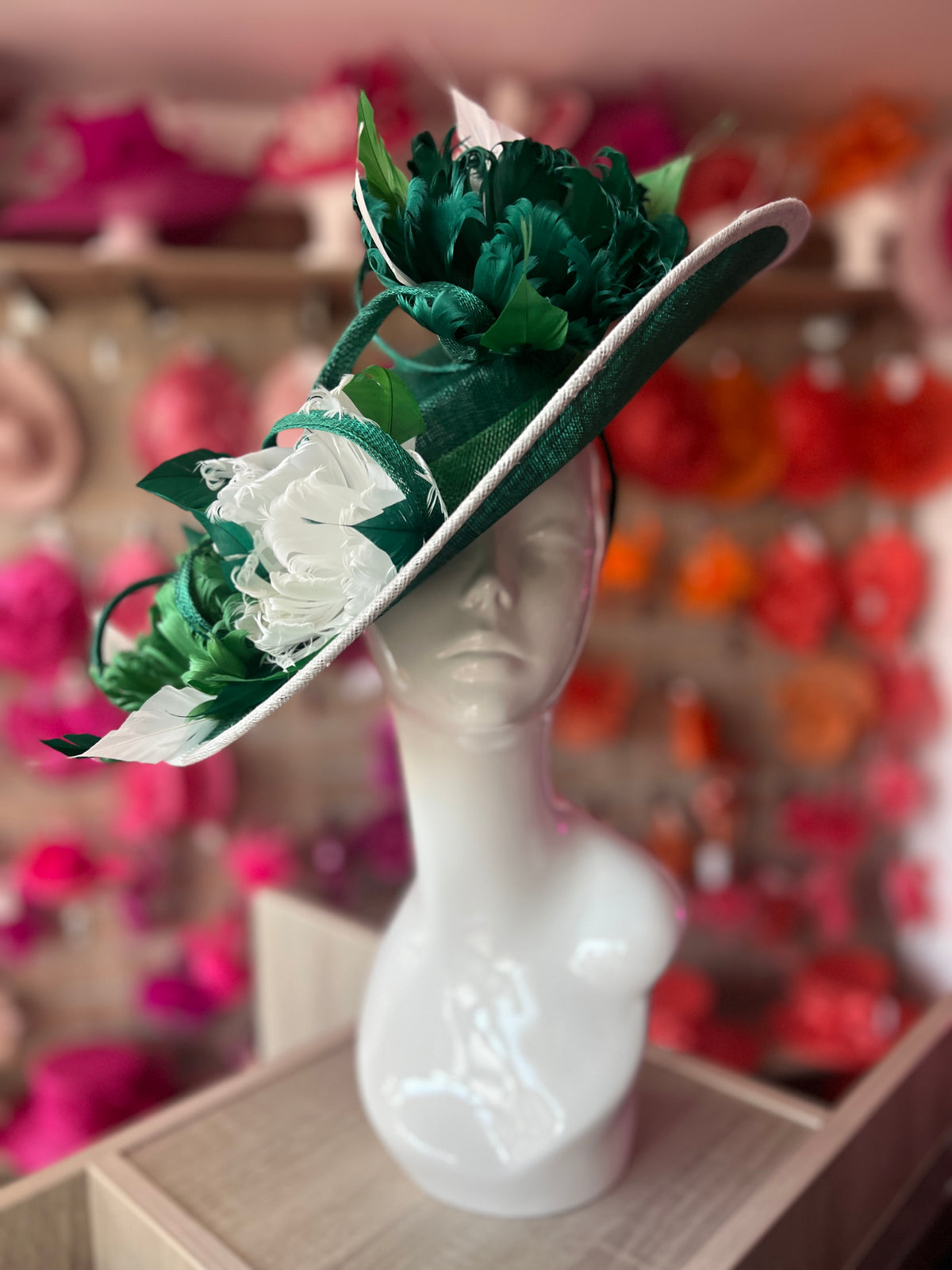 Emerald/White/Fern Boater Style Hat With Goblet Feather Flowers-Fascinators Direct