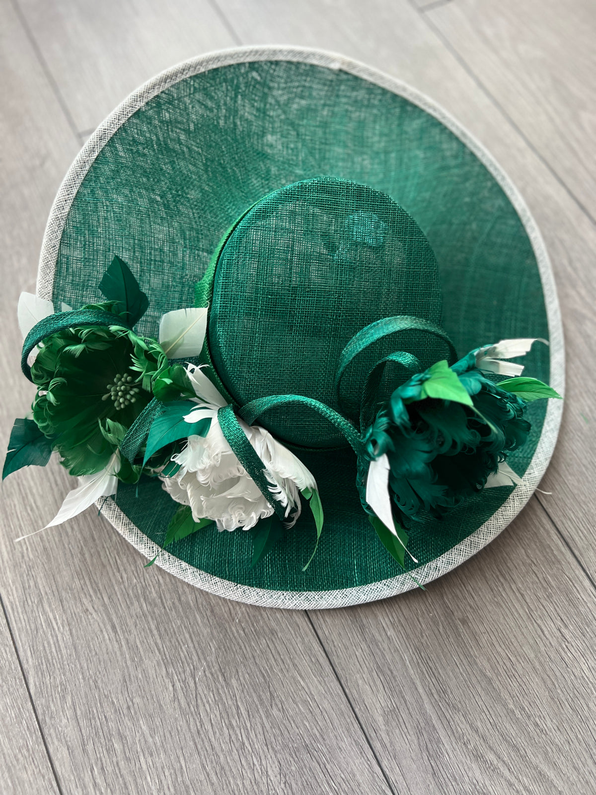 Emerald/White/Fern Boater Style Hat With Goblet Feather Flowers-Fascinators Direct