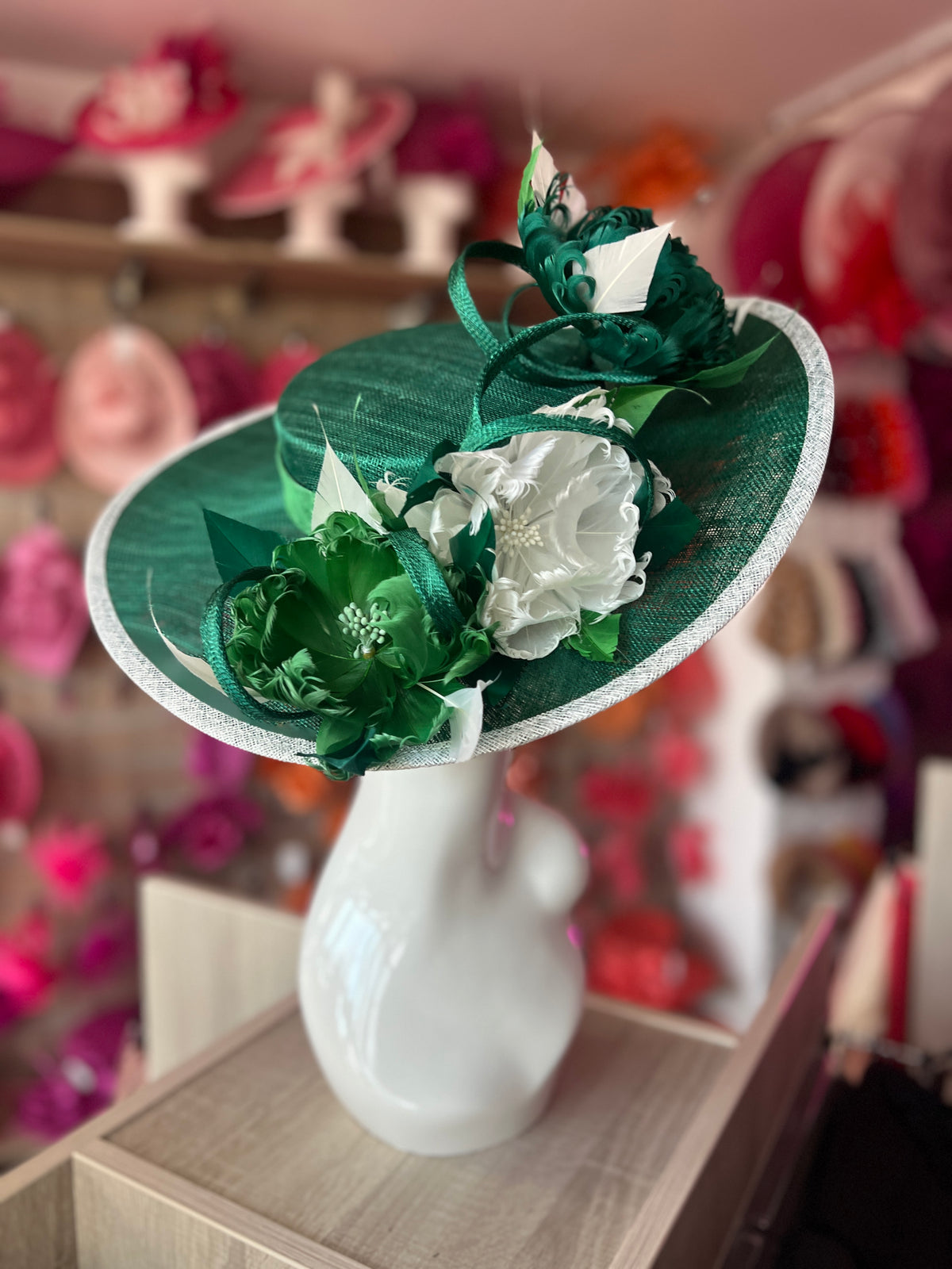 Emerald/White/Fern Boater Style Hat With Goblet Feather Flowers-Fascinators Direct