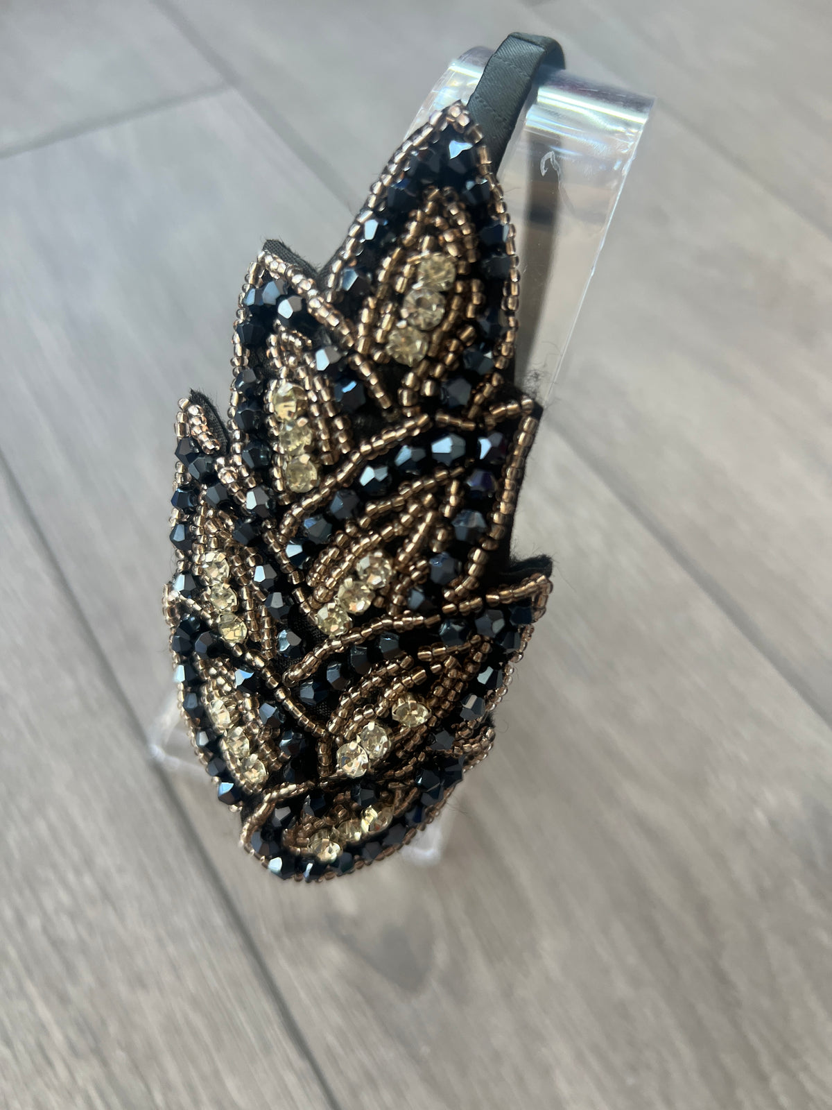 Vintage 1920's Black &amp; Gold Leaf Beaded Headband