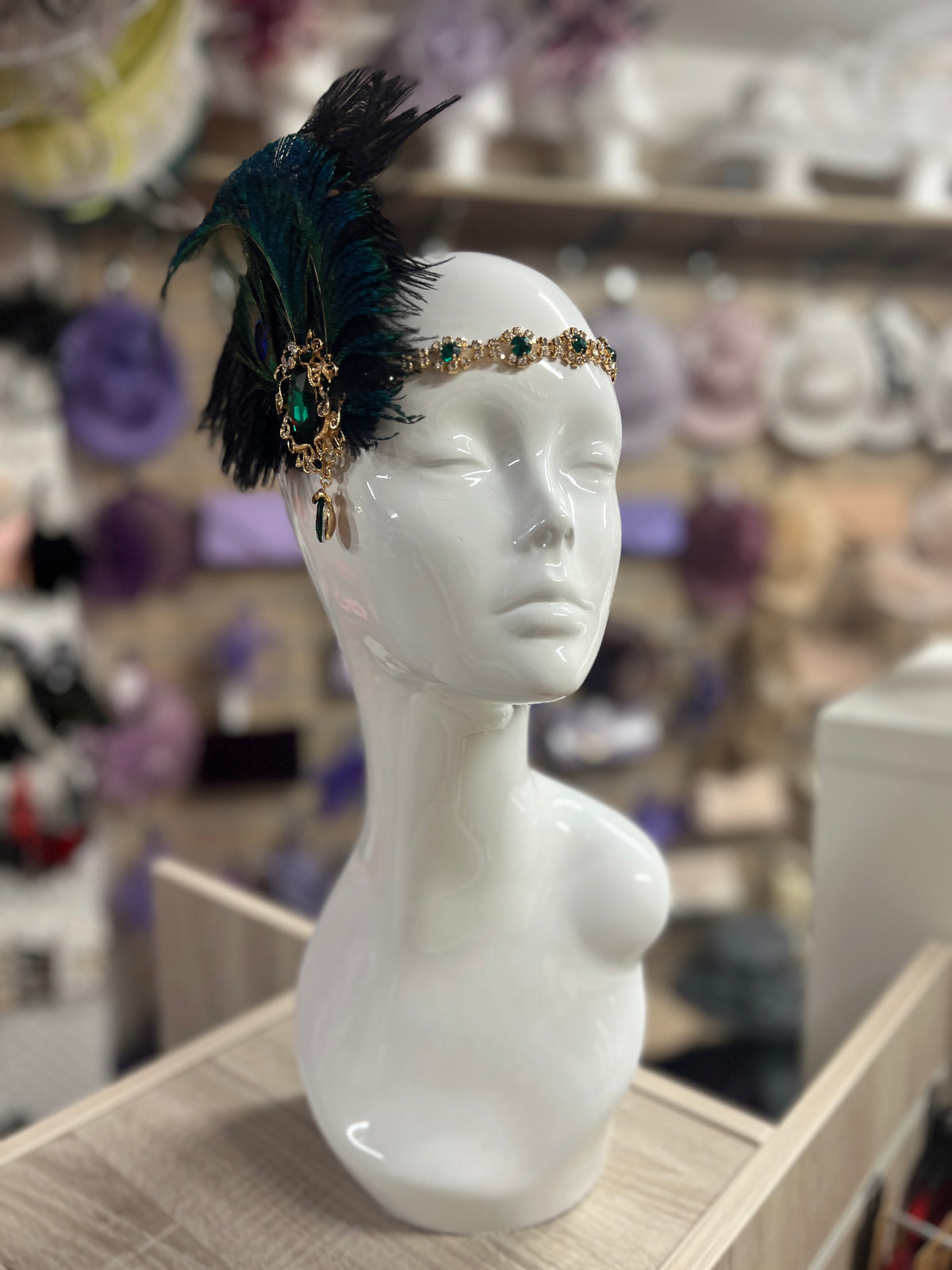 Vintage Jewelled Peacock Feather Fascinator Hat-Green