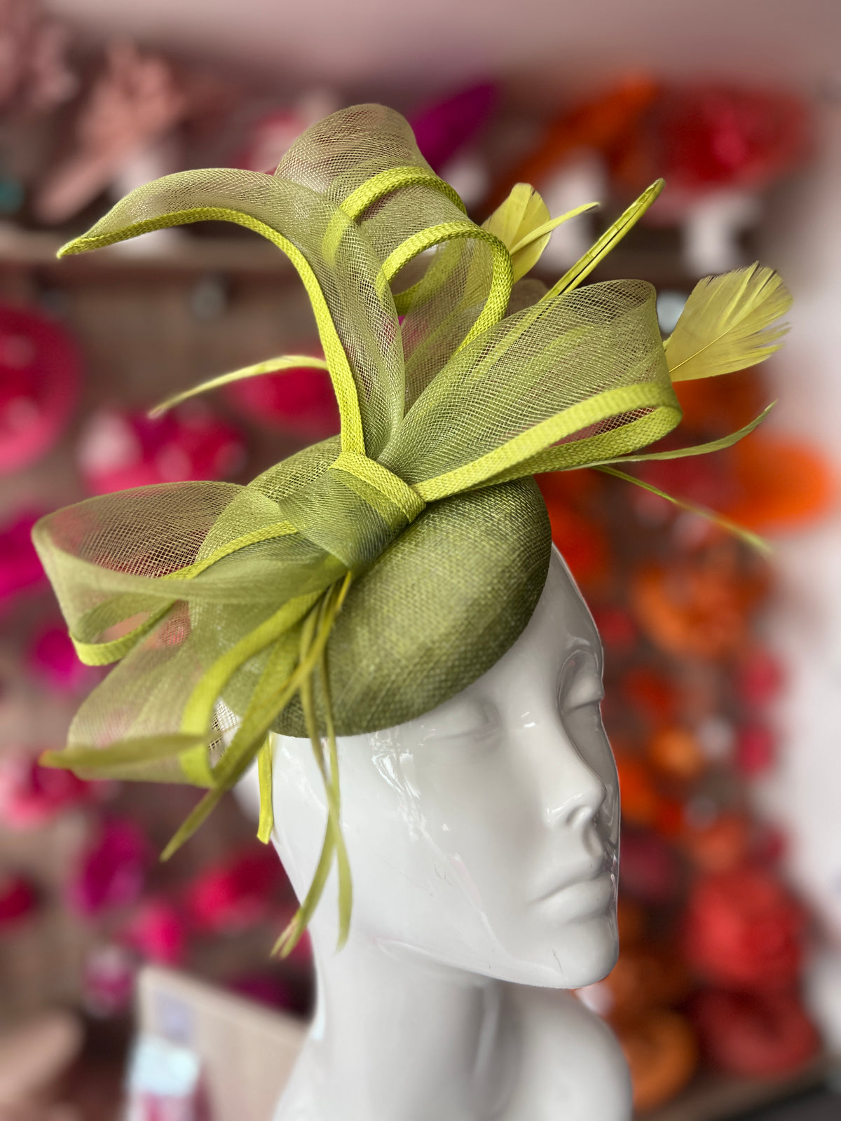 Olive Green Pill Box Bow Feather Fascinator