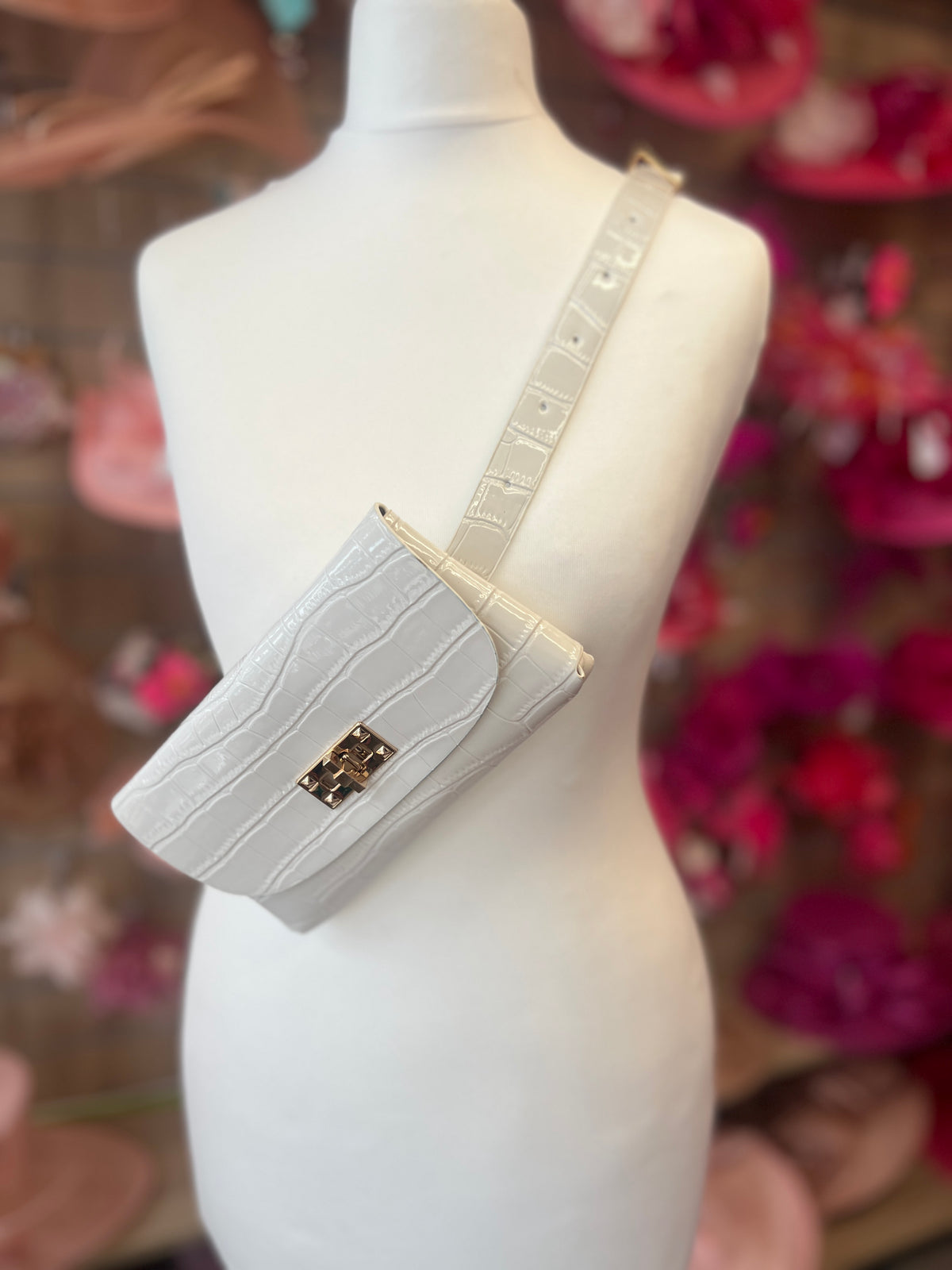 White Mini Crocodile Embossed Belt Bag