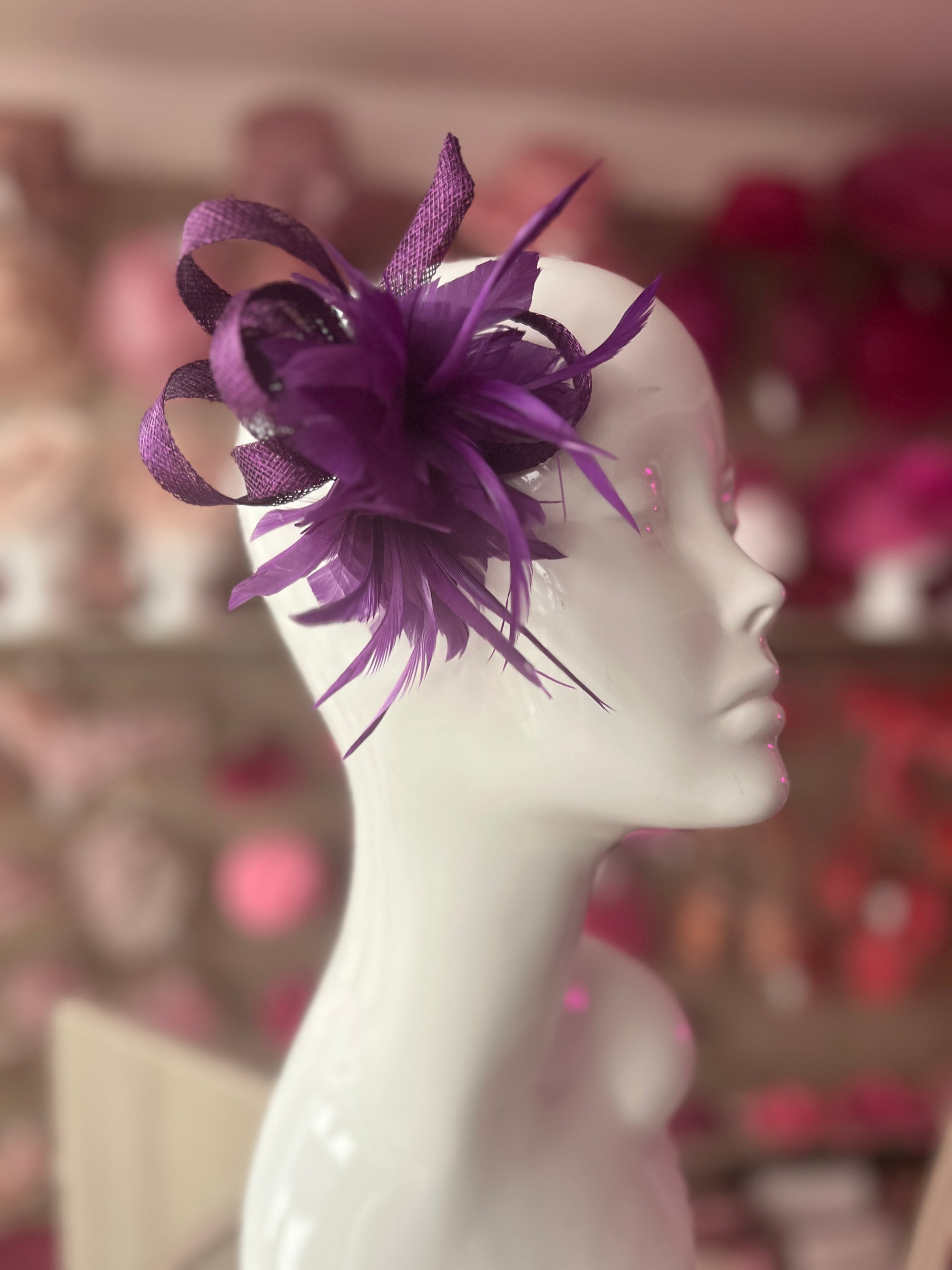 Small Purple Fascinator Clip with Feathers & Loops