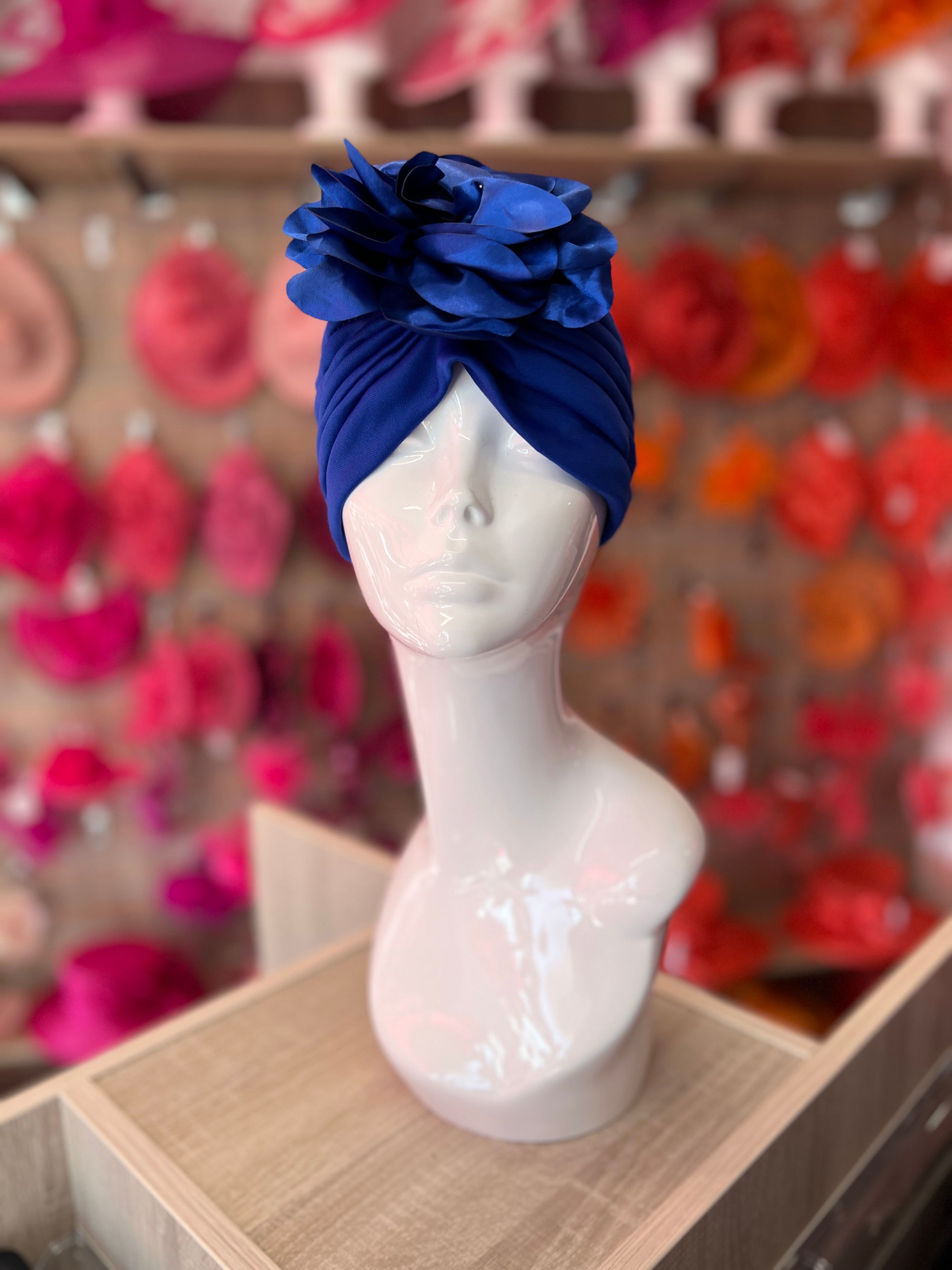 Sapphire Blue Turban With Large Satin Flower