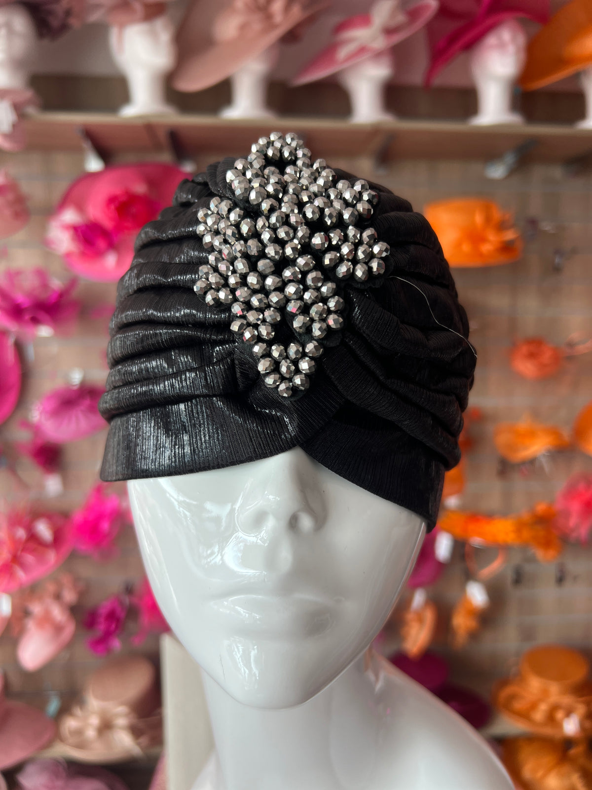 Metallic Black Turban With Beaded Embellishment