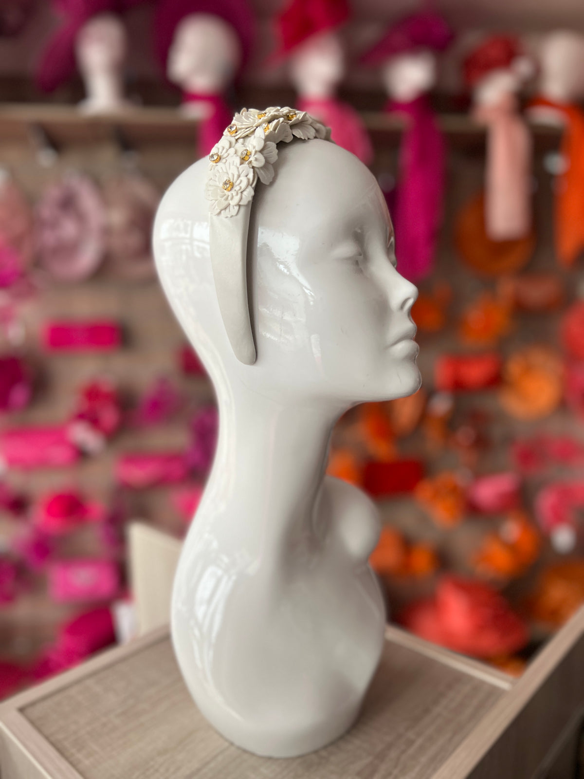 White Headband With Faux Leather Lazer Cut Flowers &amp; Crystals