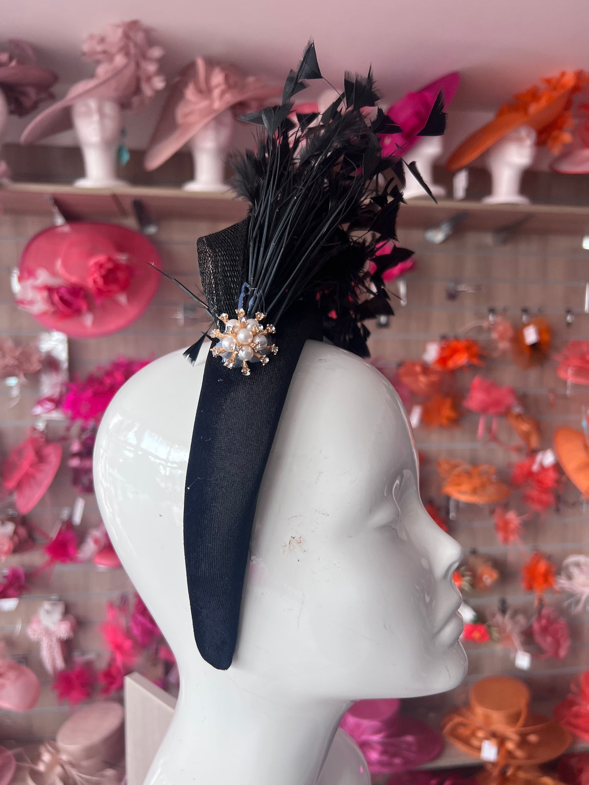 Black Feather Velvet Padded Headband Fascinator With Diamante &amp; Pearl Cluster