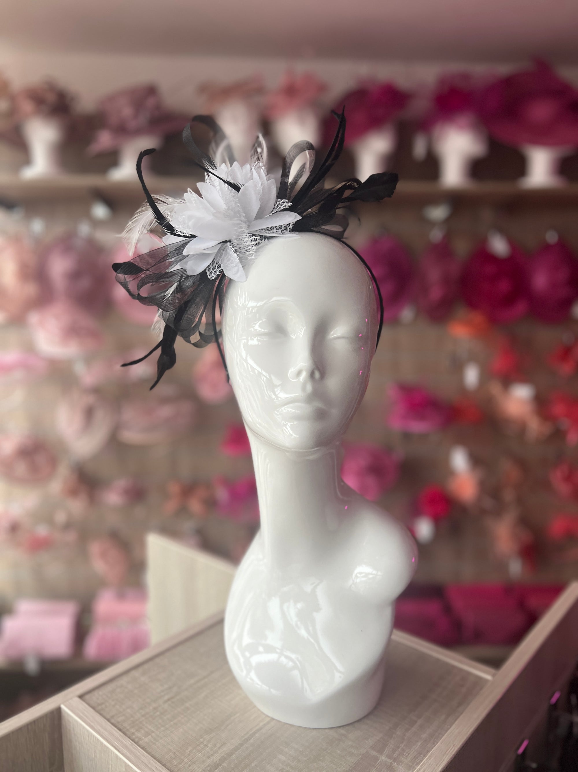 Headband White & Black Fascinator With Flower & Loops