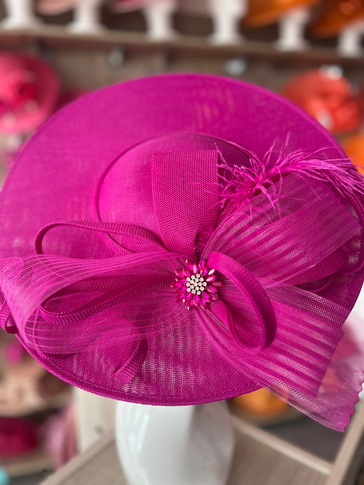 Fuchsia Pink Saucer Hatinator With Feather &amp; Loops