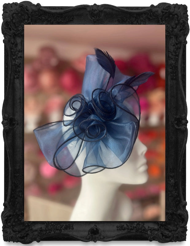 Navy round fascinator with white and pink orchids and peacock feathers store on a headband! One only!