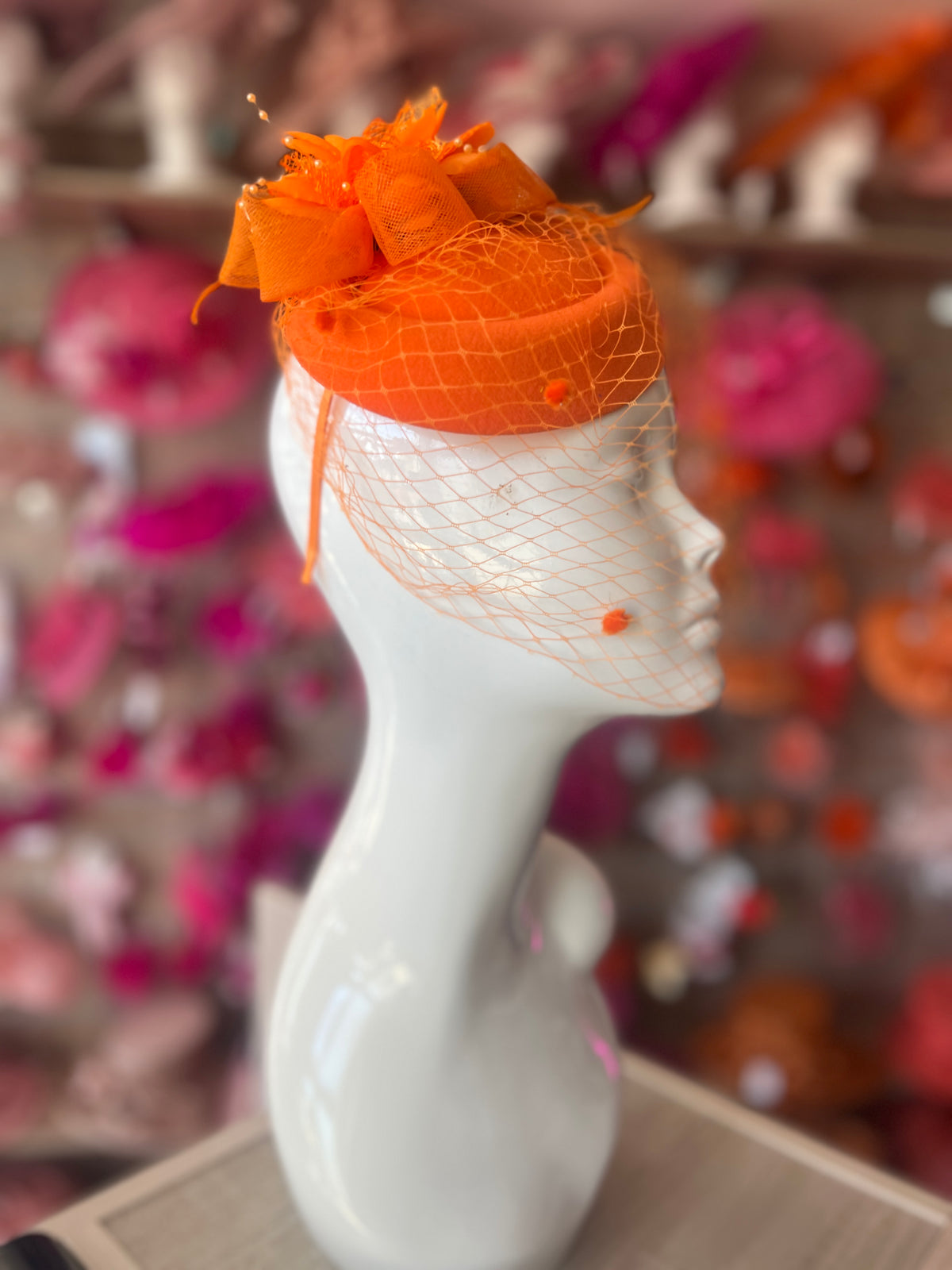 Orange  PillBox Hat Fascinator With Flower &amp; Veil