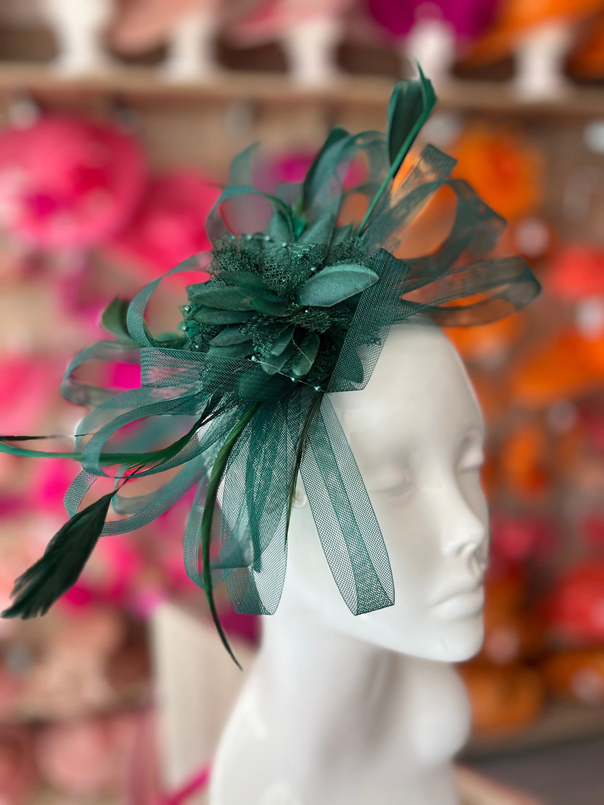 Headband Bottle Green Fascinator With Flower &amp; Loops