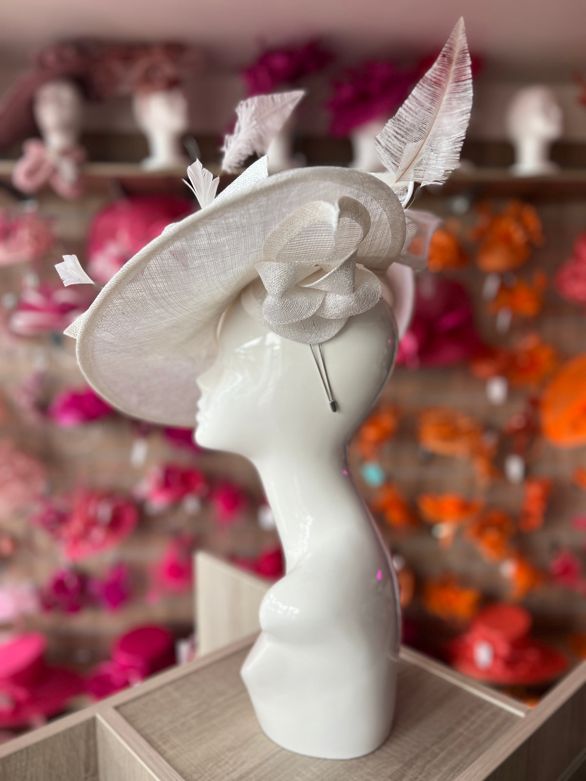 Deluxe Large White Hatinator with Split Brim &amp; Feathers