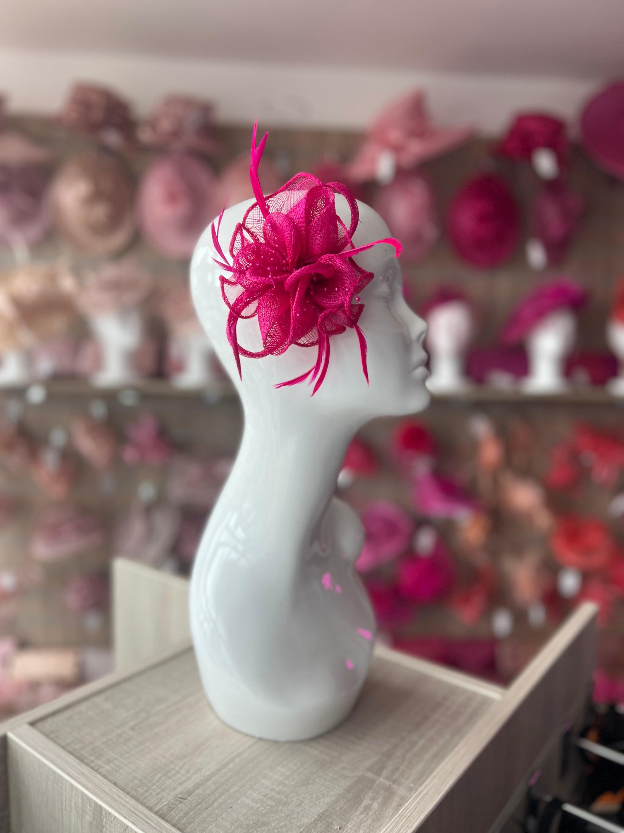 FUCHSIA SMALL FASCINATOR WITH DECORATIVE BEADS & FEATHERS-Fascinators Direct