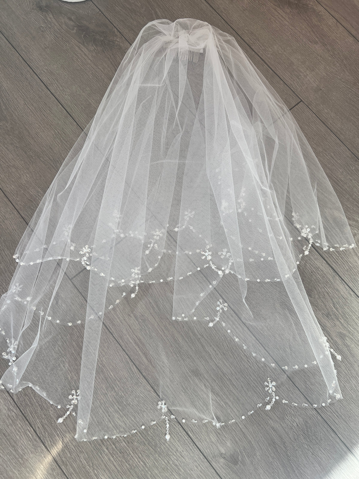 Faith-Ivory Two Layer Elbow Length Bridal Veil With Beading Edge-Fascinators Direct