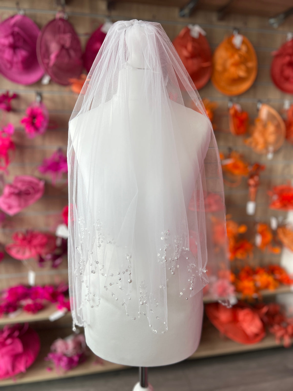 Faith-Ivory Two Layer Elbow Length Bridal Veil With Beading Edge-Fascinators Direct