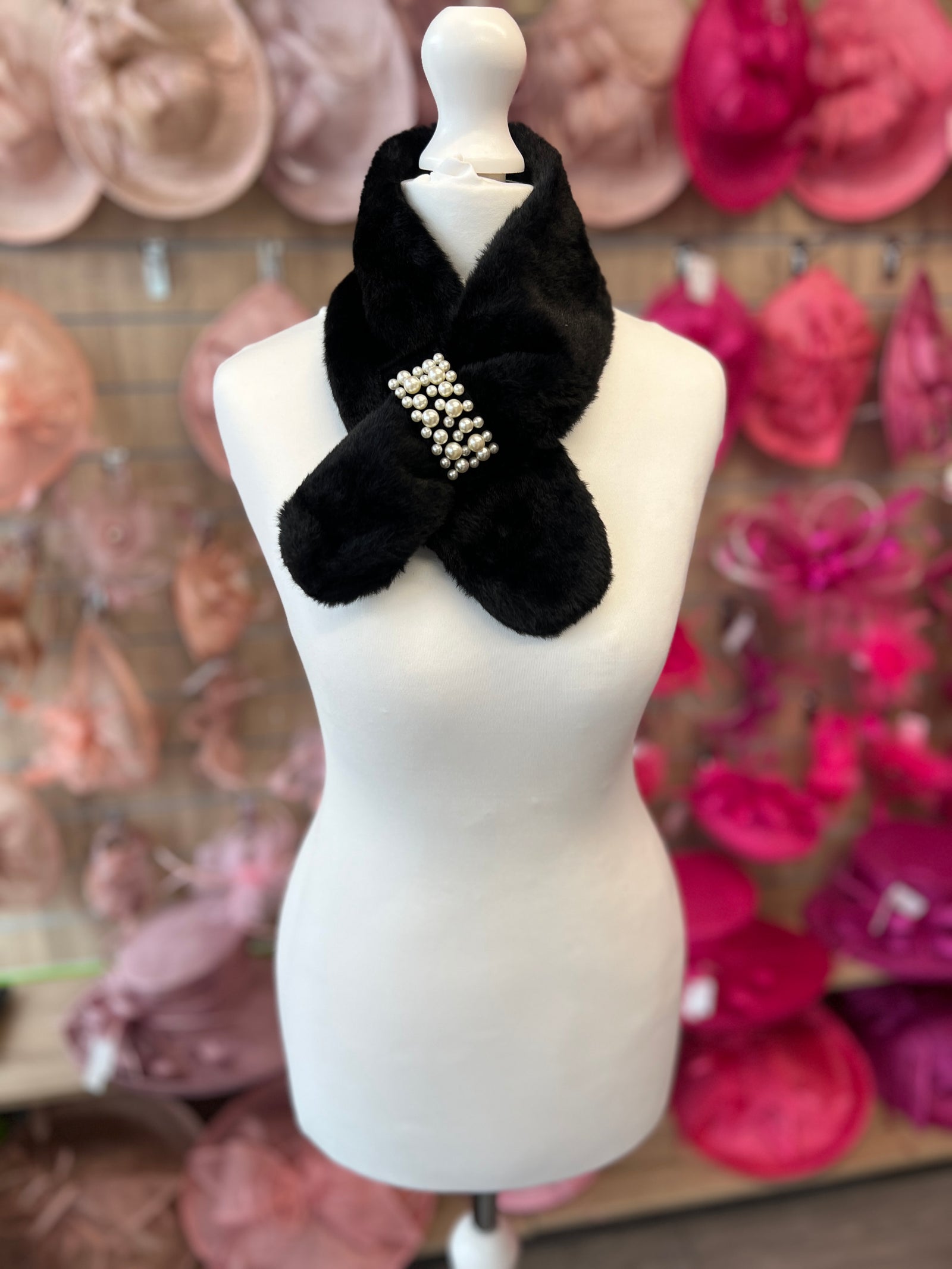 Faux Fur Collar Scarf With Pearl Detail- Black-Fascinators Direct