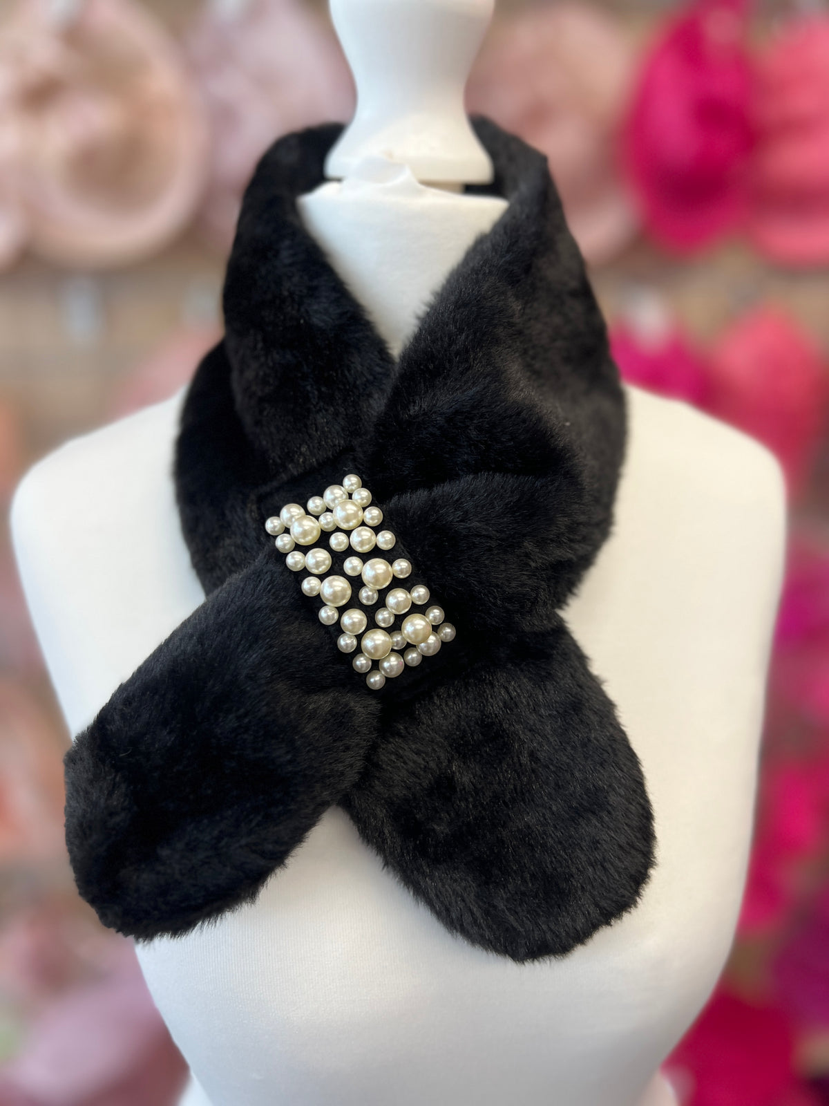Faux Fur Collar Scarf With Pearl Detail- Black-Fascinators Direct