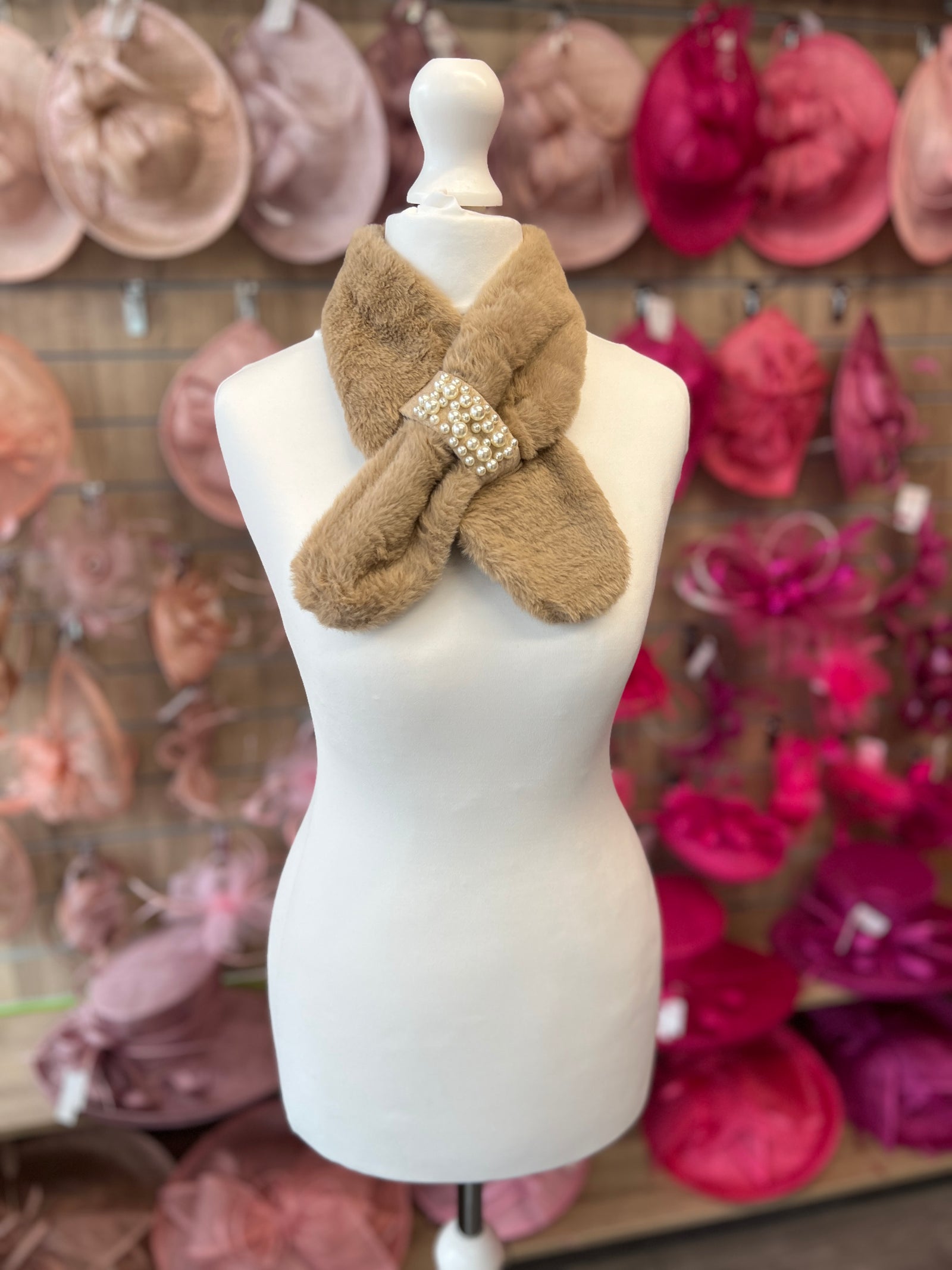 Faux Fur Collar Scarf With Pearl Detail- Camel-Fascinators Direct