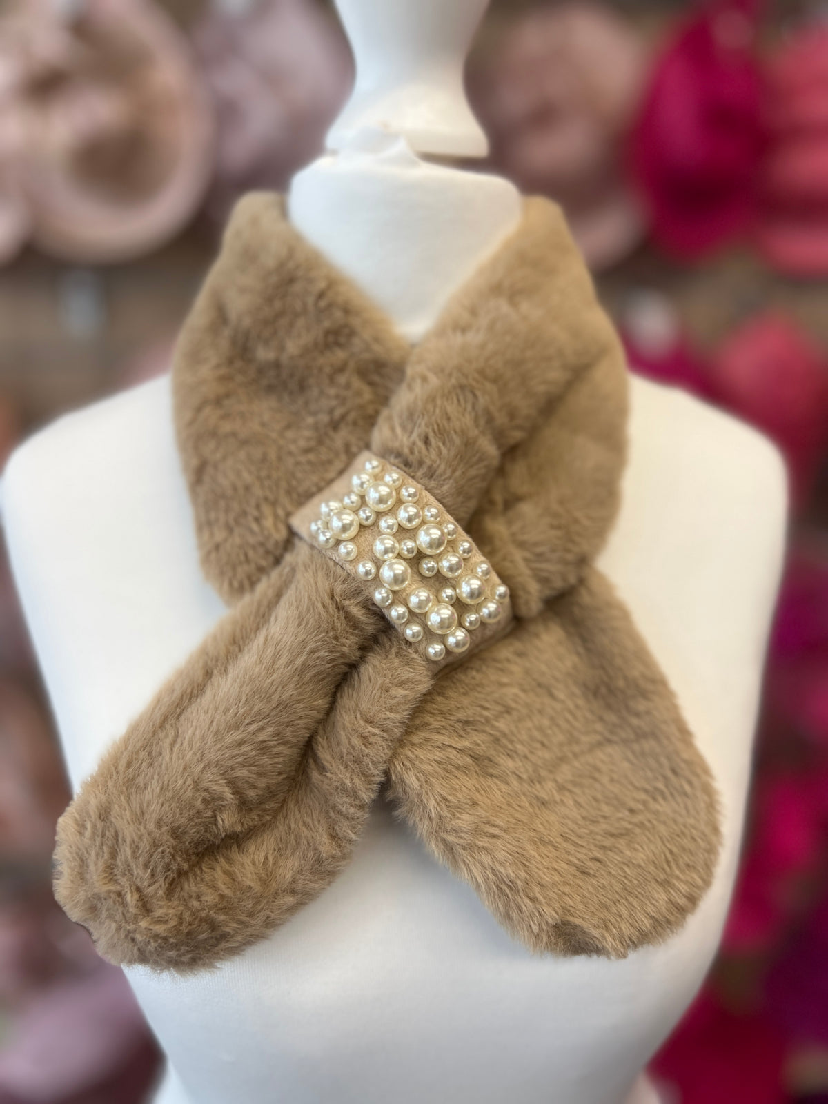 Faux Fur Collar Scarf With Pearl Detail- Camel-Fascinators Direct