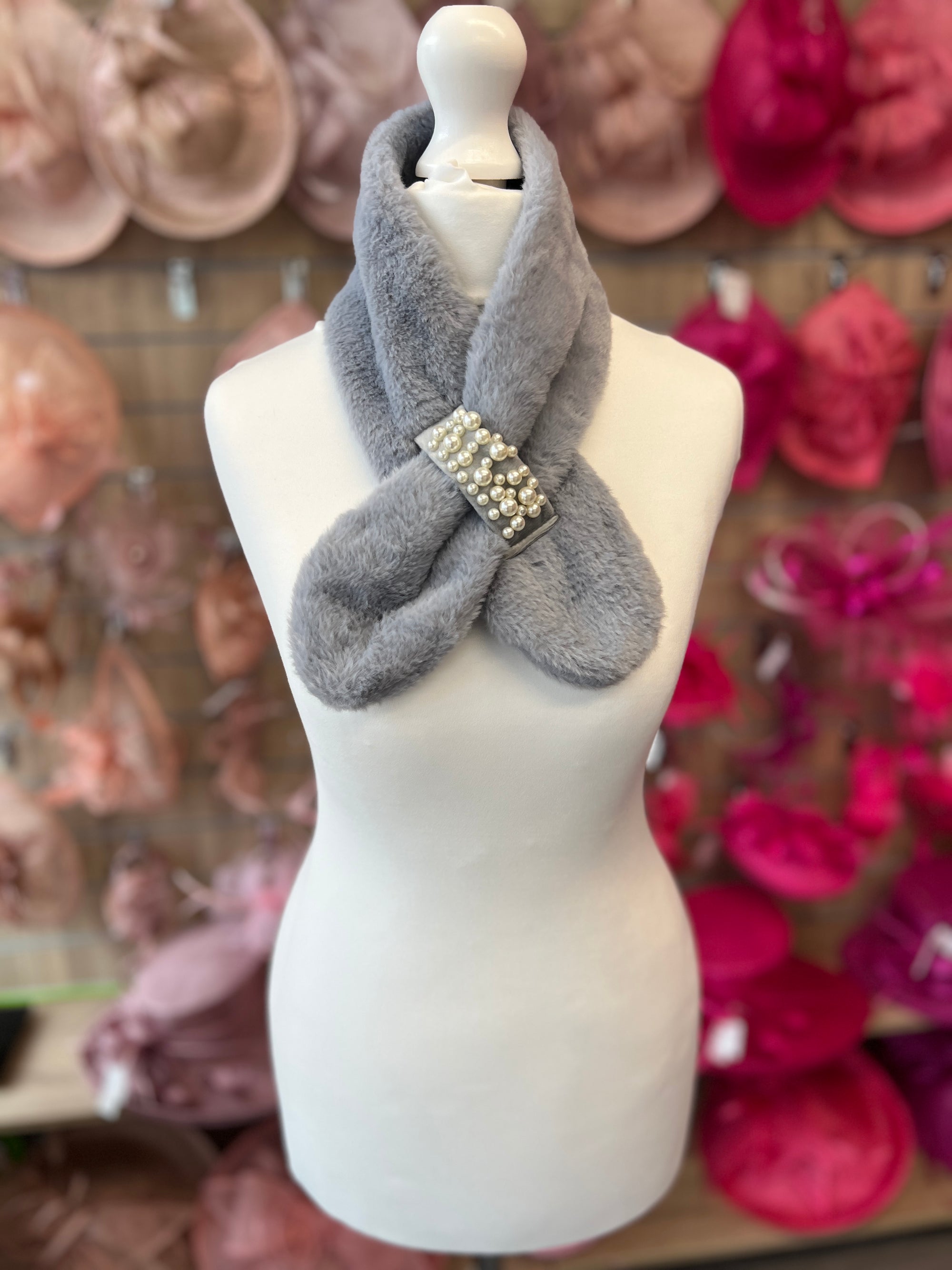 Faux Fur Collar Scarf With Pearl Detail- Grey-Fascinators Direct