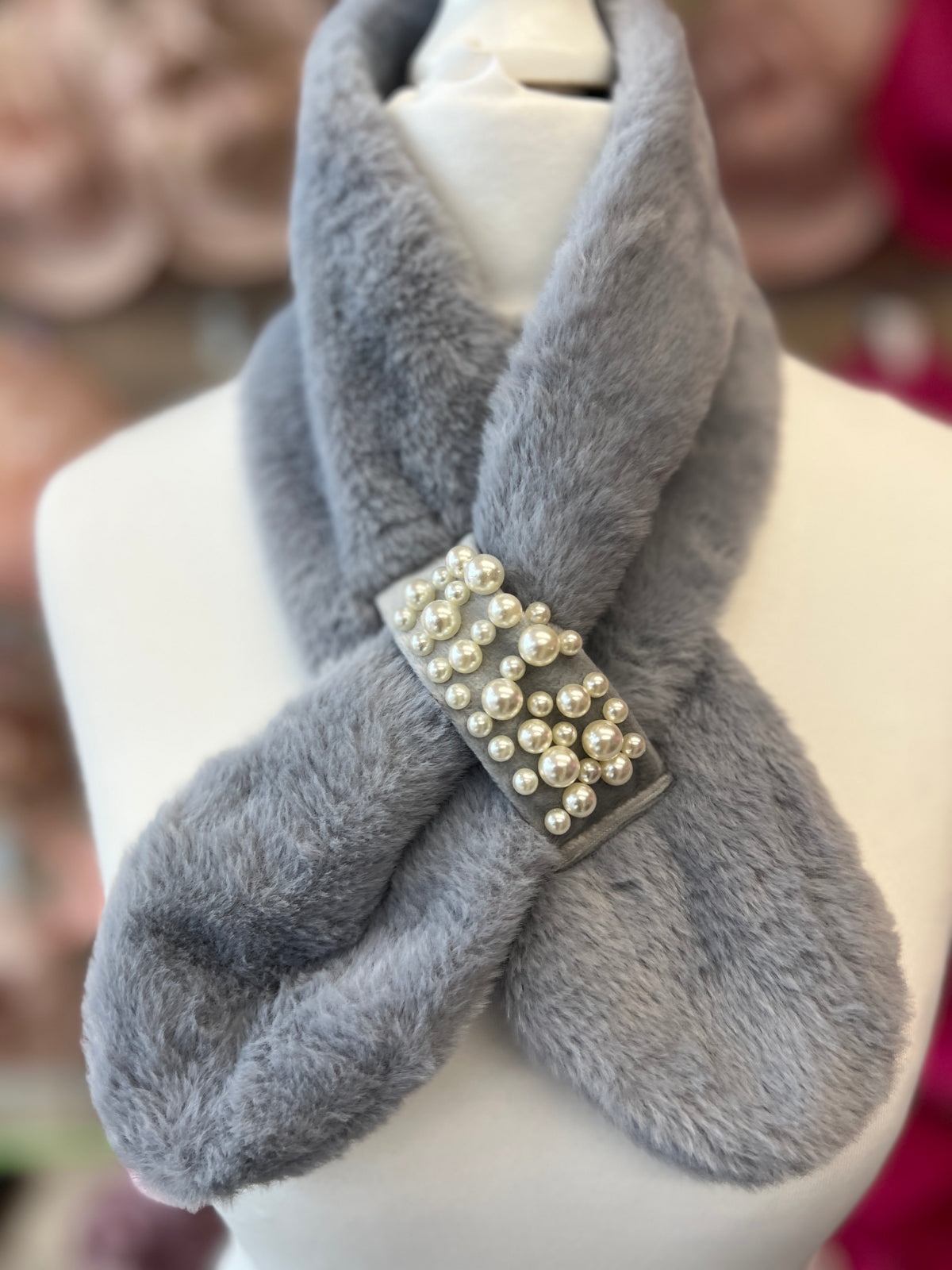 Faux Fur Collar Scarf With Pearl Detail- Grey-Fascinators Direct