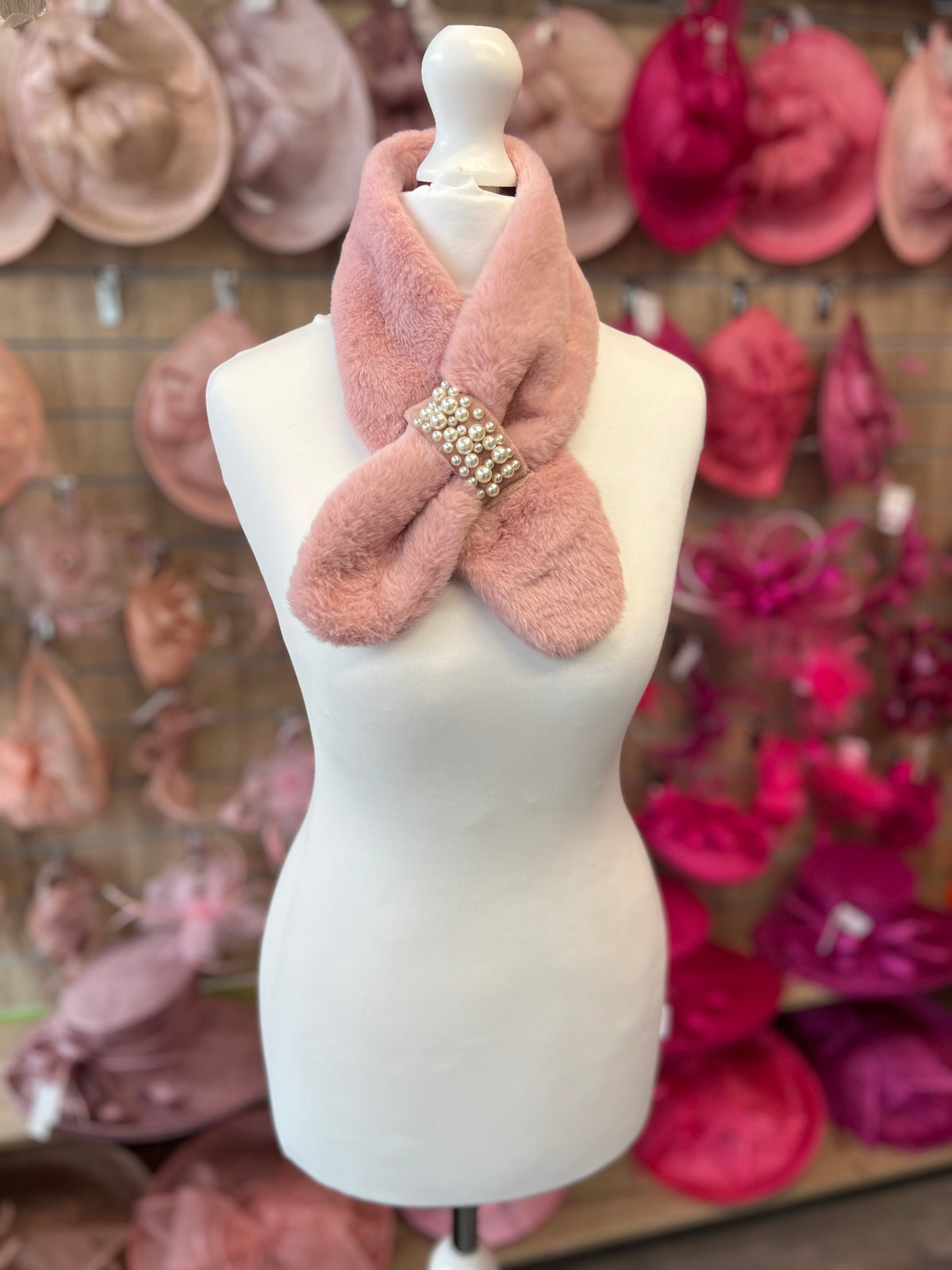 Faux Fur Collar Scarf With Pearl Detail- Pink-Fascinators Direct