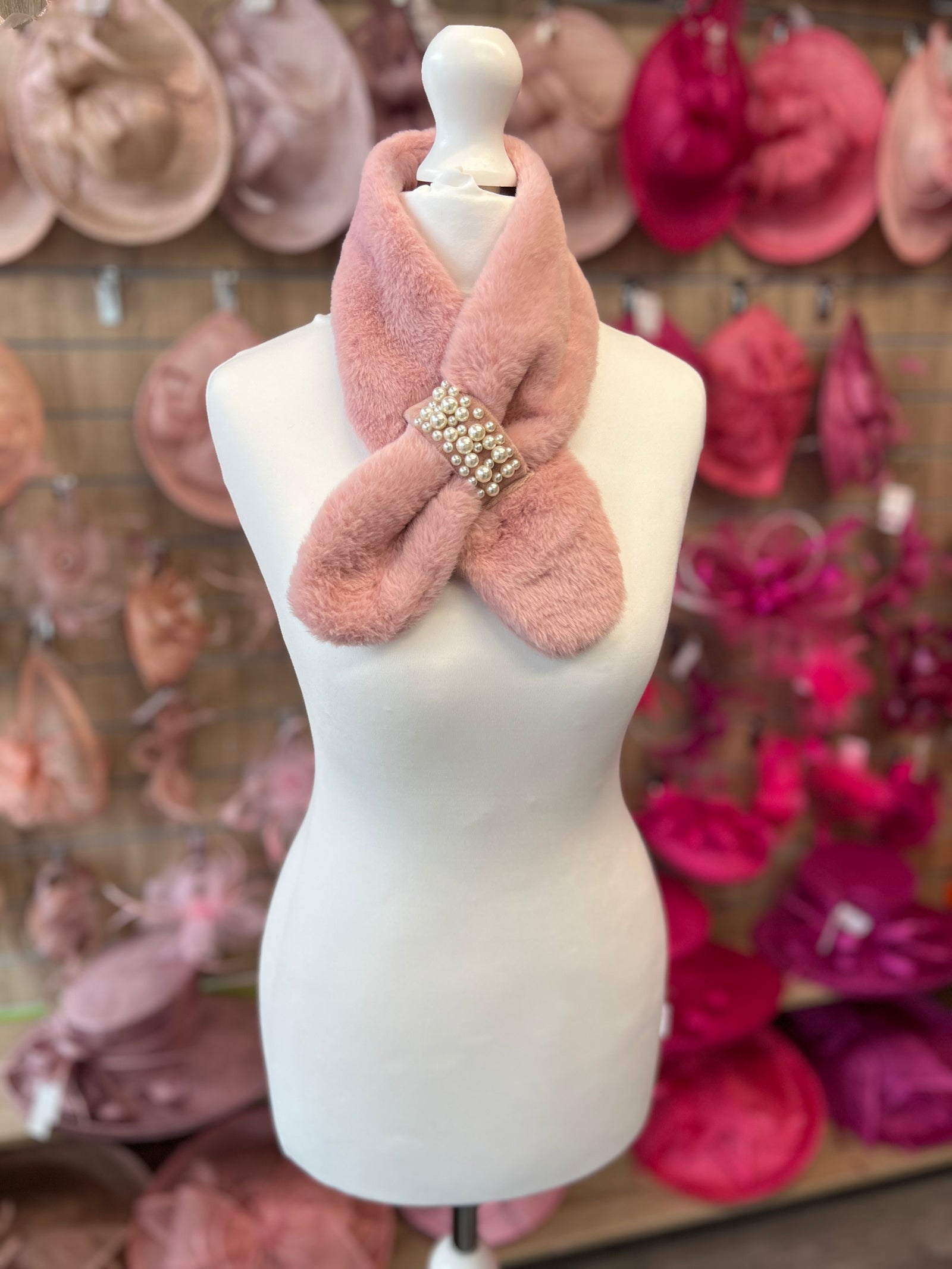 Faux Fur Collar Scarf With Pearl Detail- Pink-Fascinators Direct