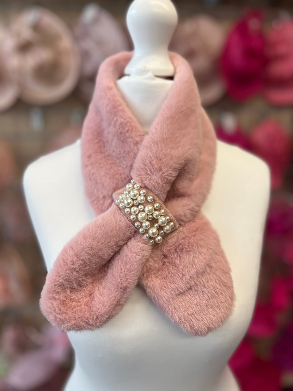 Faux Fur Collar Scarf With Pearl Detail- Pink-Fascinators Direct