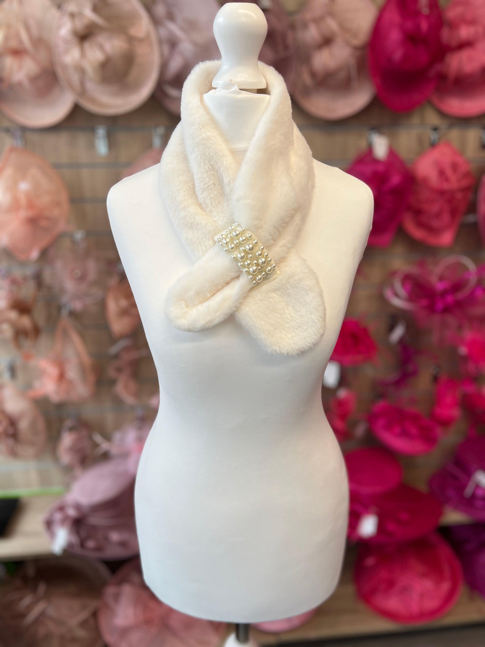 Faux Fur Collar Scarf With Pearl Detail- White-Fascinators Direct