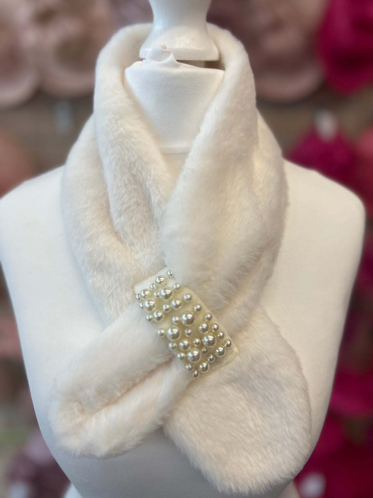 Faux Fur Collar Scarf With Pearl Detail- White-Fascinators Direct
