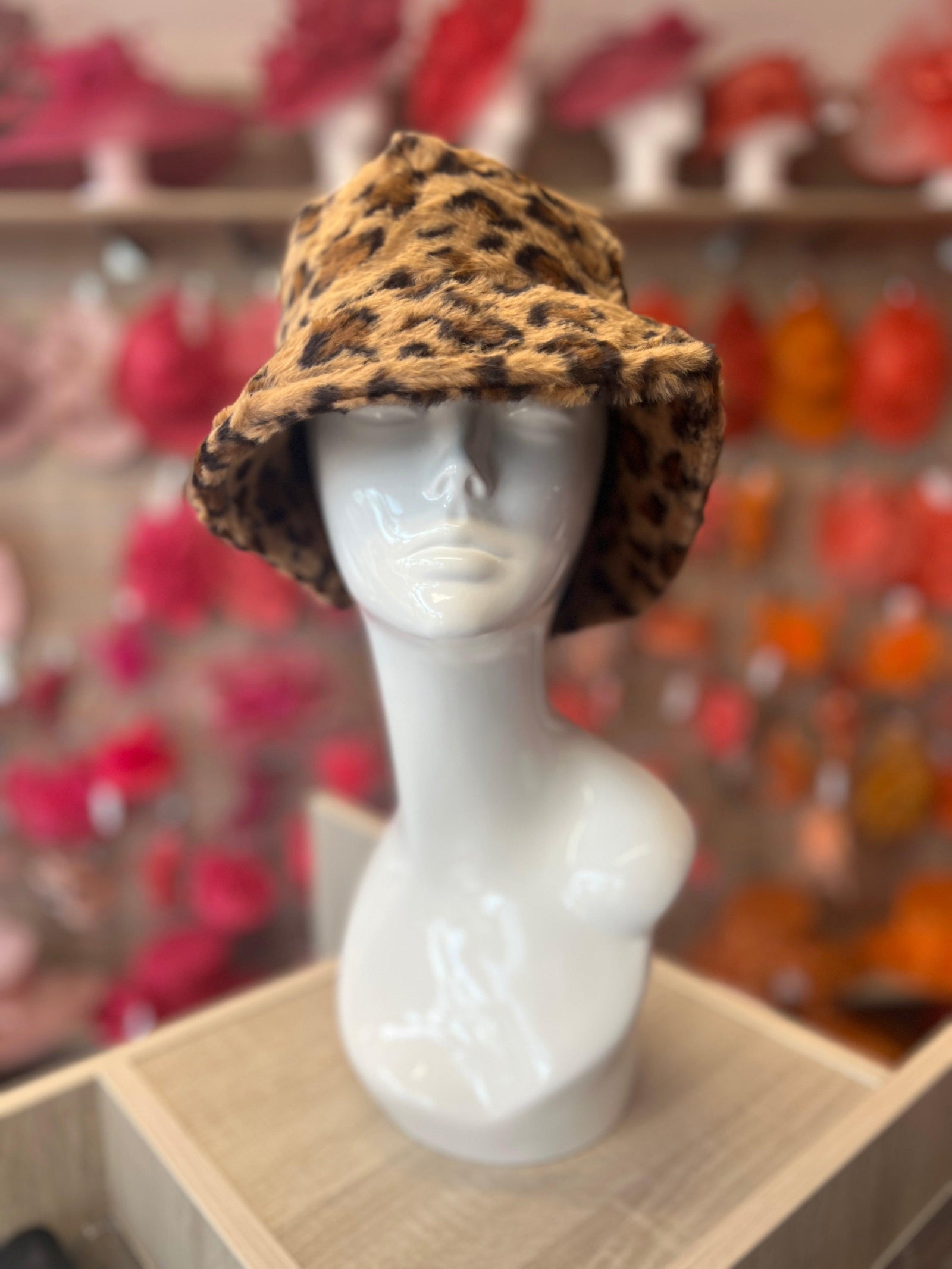 Faux Fur Leopard Print Bucket Hat-Fascinators Direct