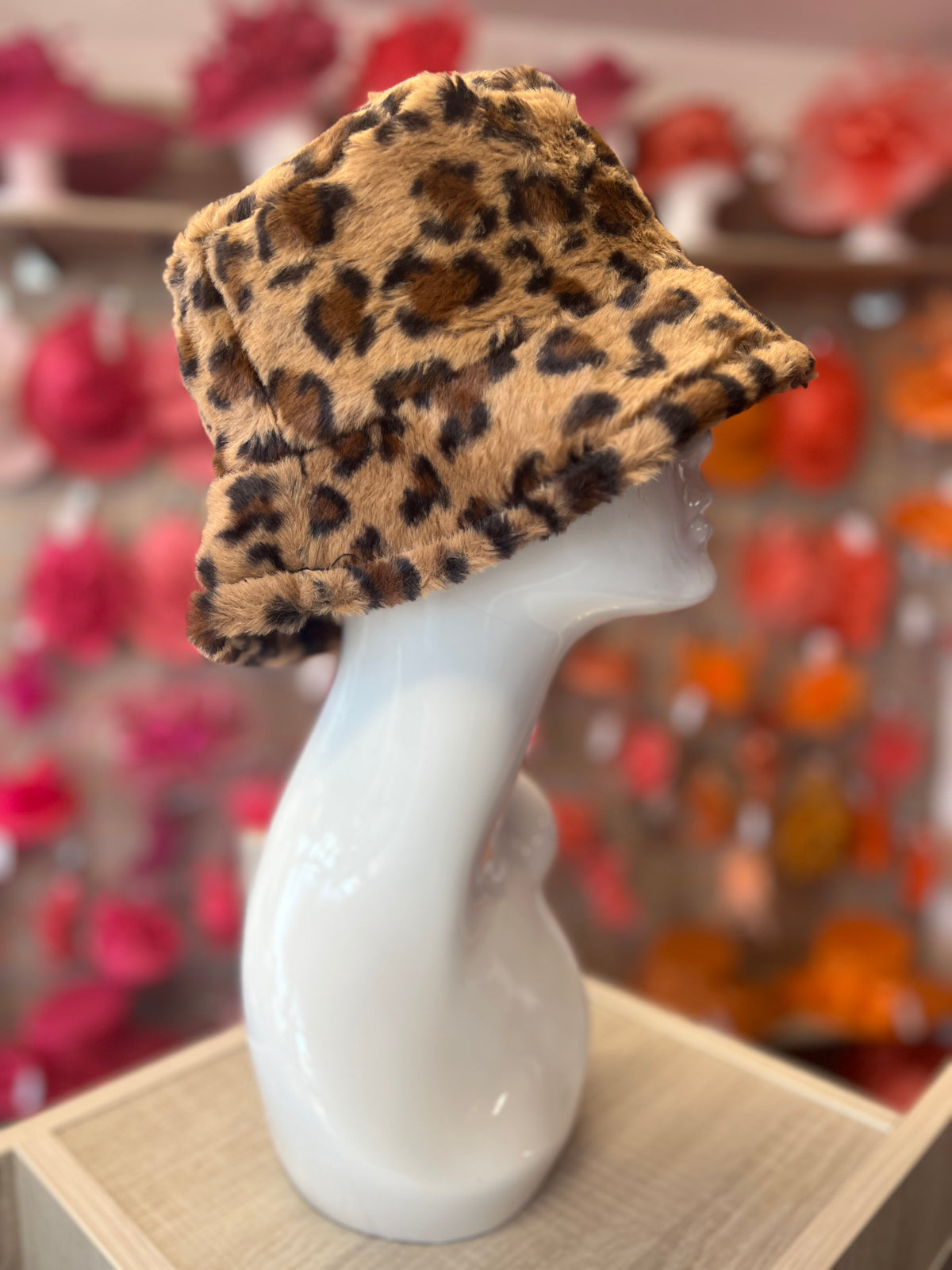 Faux Fur Leopard Print Bucket Hat-Fascinators Direct