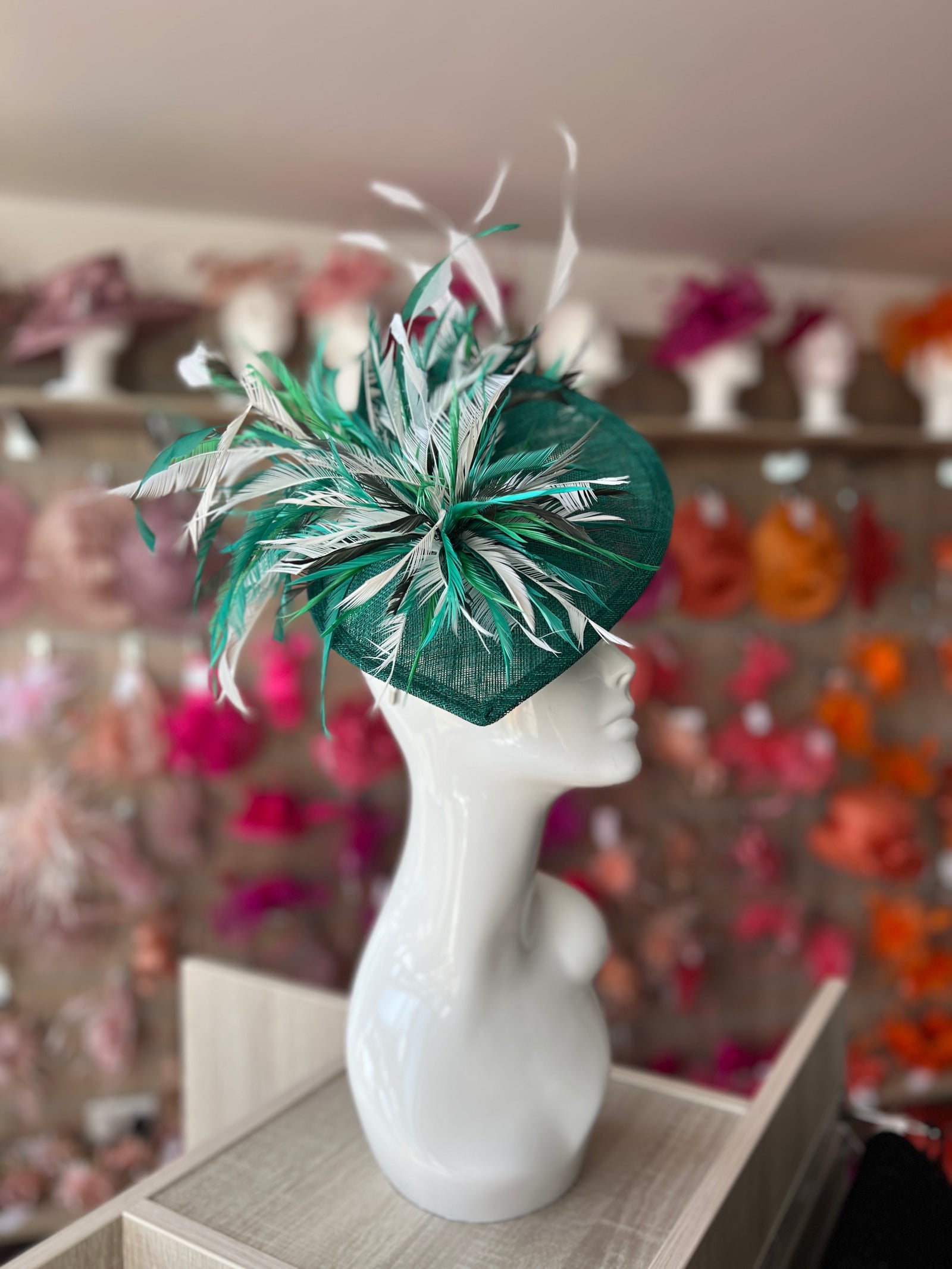 Feather Disc Fascinator - Emerald/White Mix-Fascinators Direct