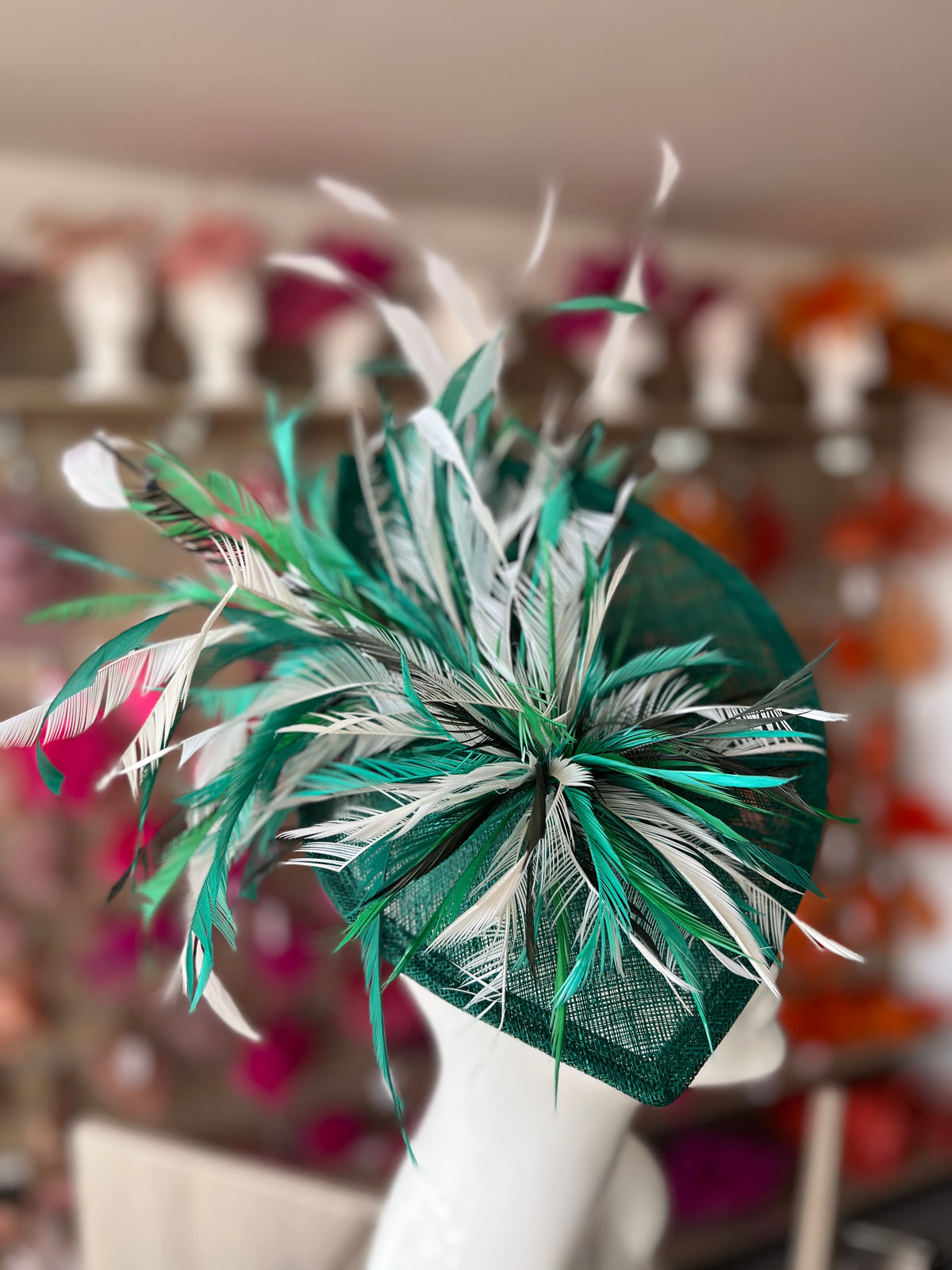 Feather Disc Fascinator - Emerald/White Mix-Fascinators Direct
