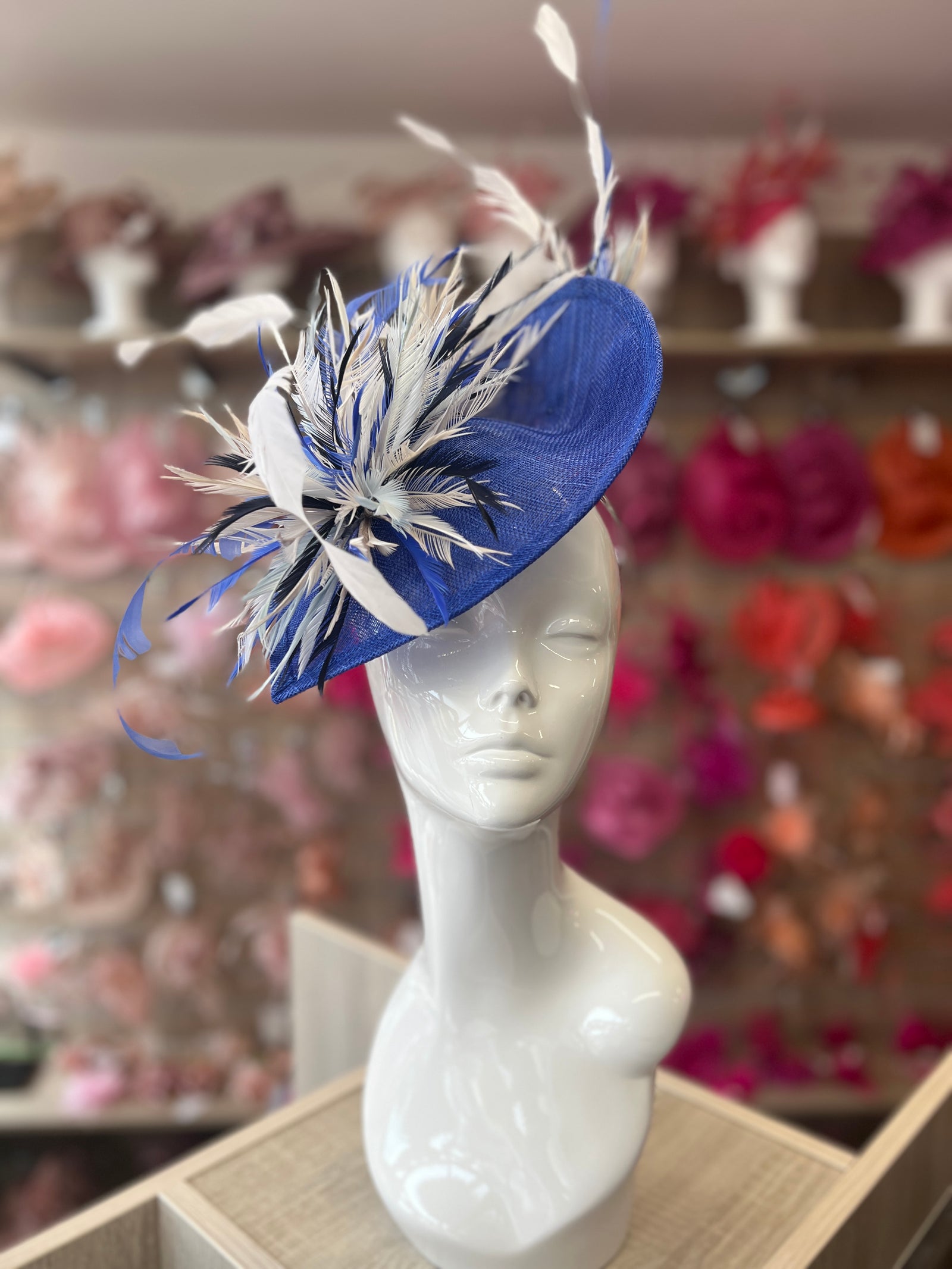 Feather Disc Fascinator -Sapphire/White Mix-Fascinators Direct
