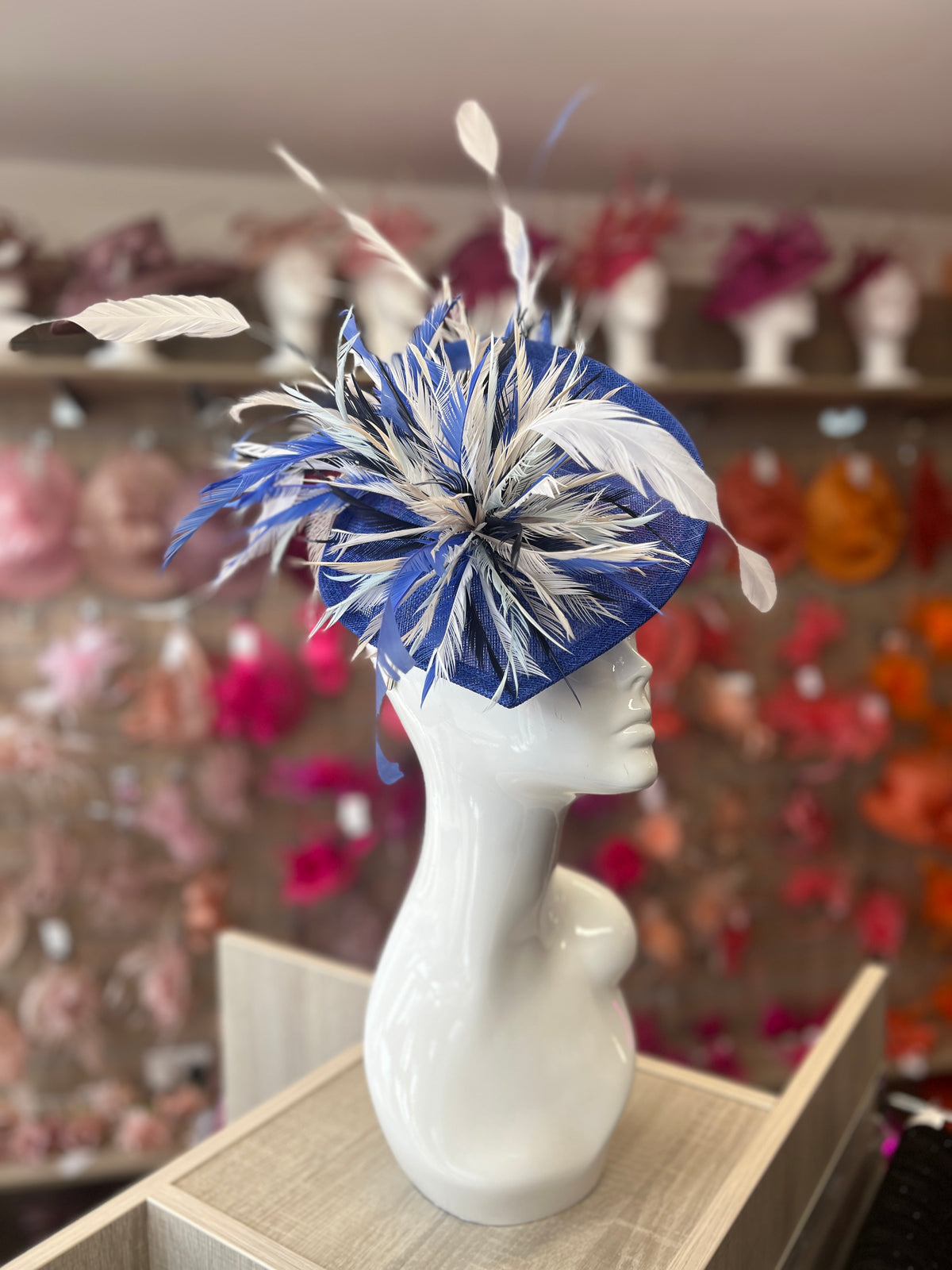 Feather Disc Fascinator -Sapphire/White Mix-Fascinators Direct