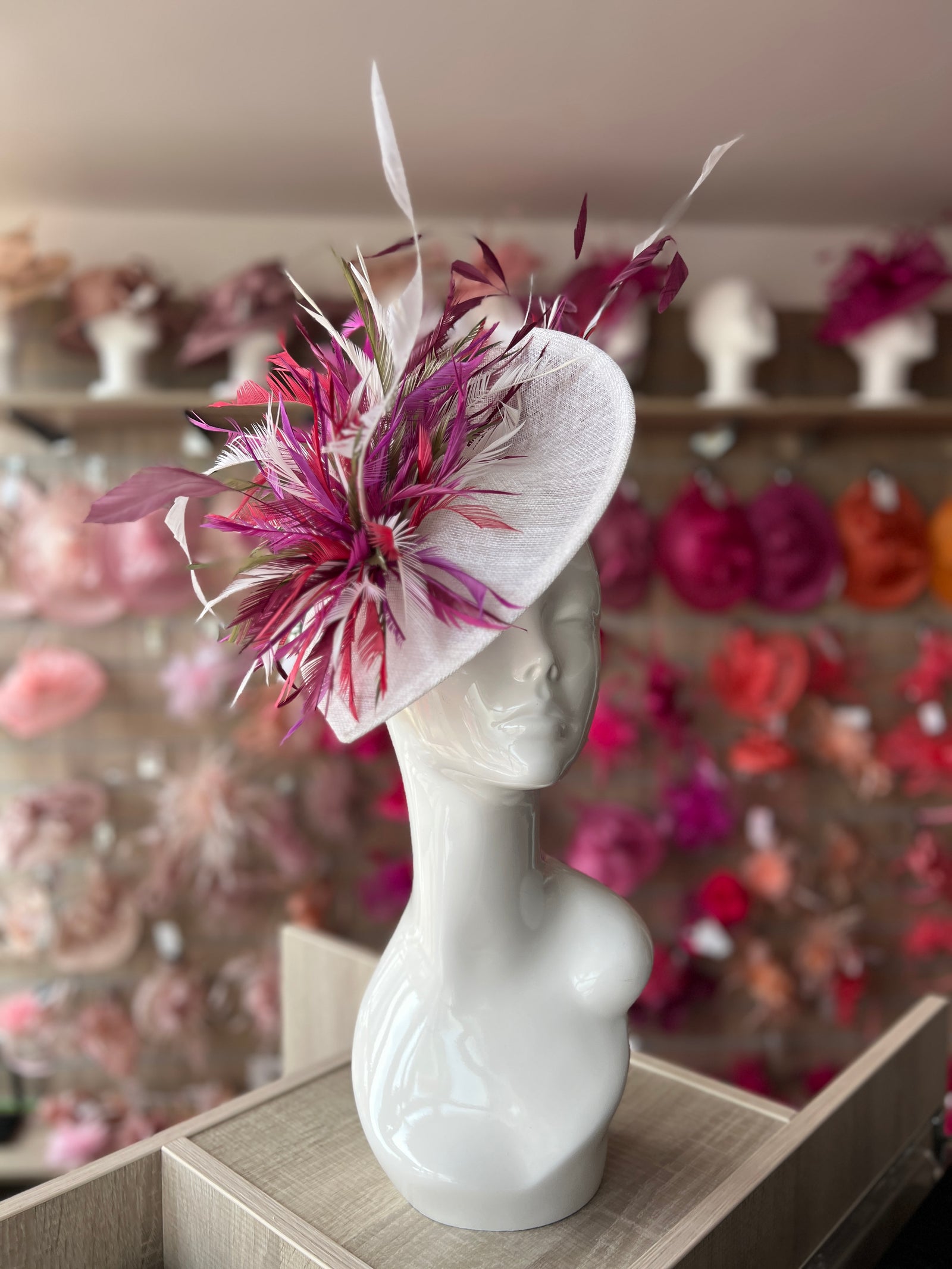 Feather Disc Fascinator - White/Blackcurrant/Mix-Fascinators Direct