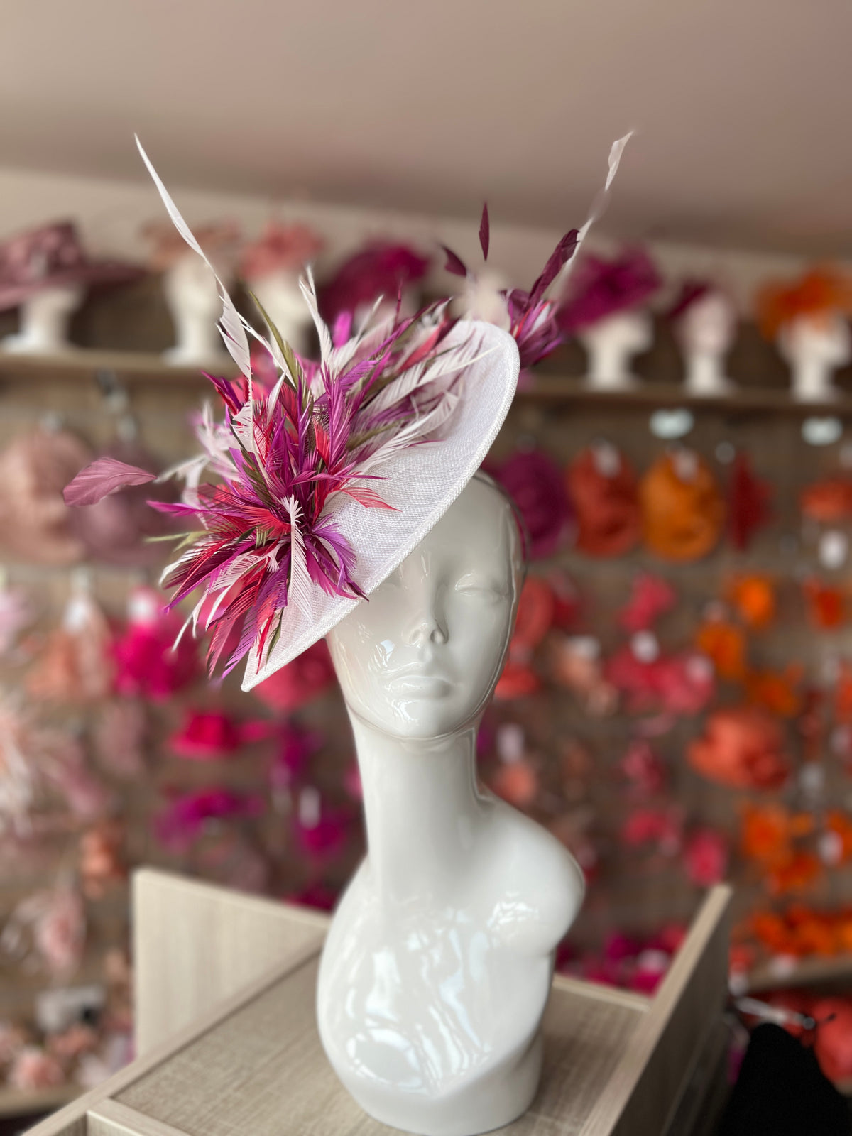 Feather Disc Fascinator - White/Blackcurrant/Mix-Fascinators Direct