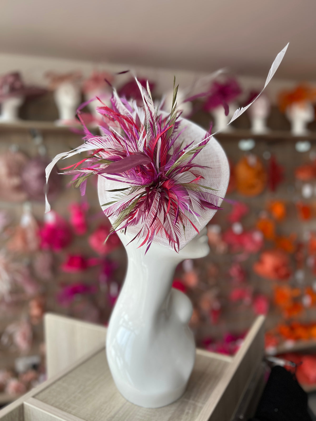 Feather Disc Fascinator - White/Blackcurrant/Mix-Fascinators Direct