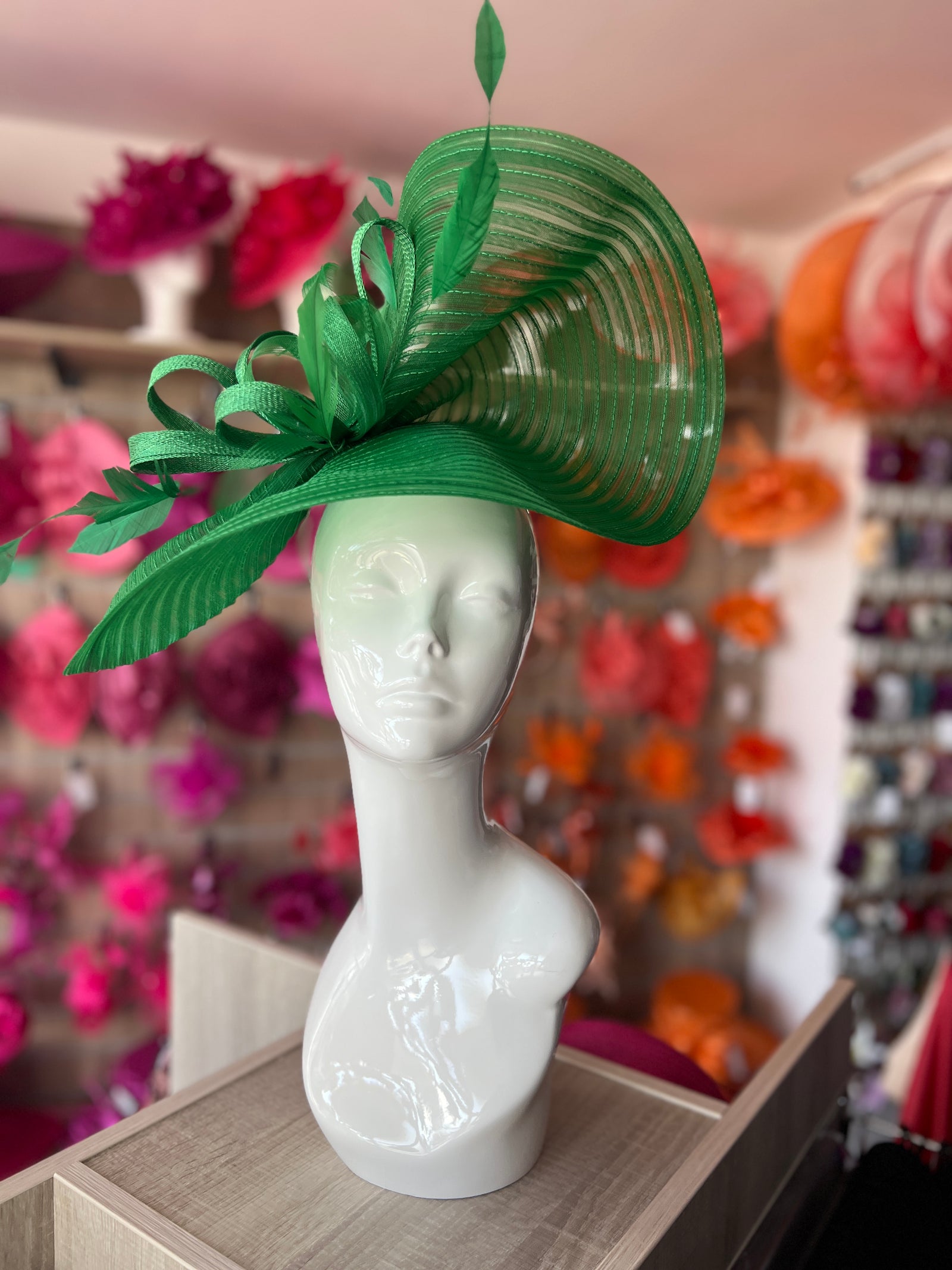 Fern Green Crinoline Hatinator with Loops & Feathers-Fascinators Direct
