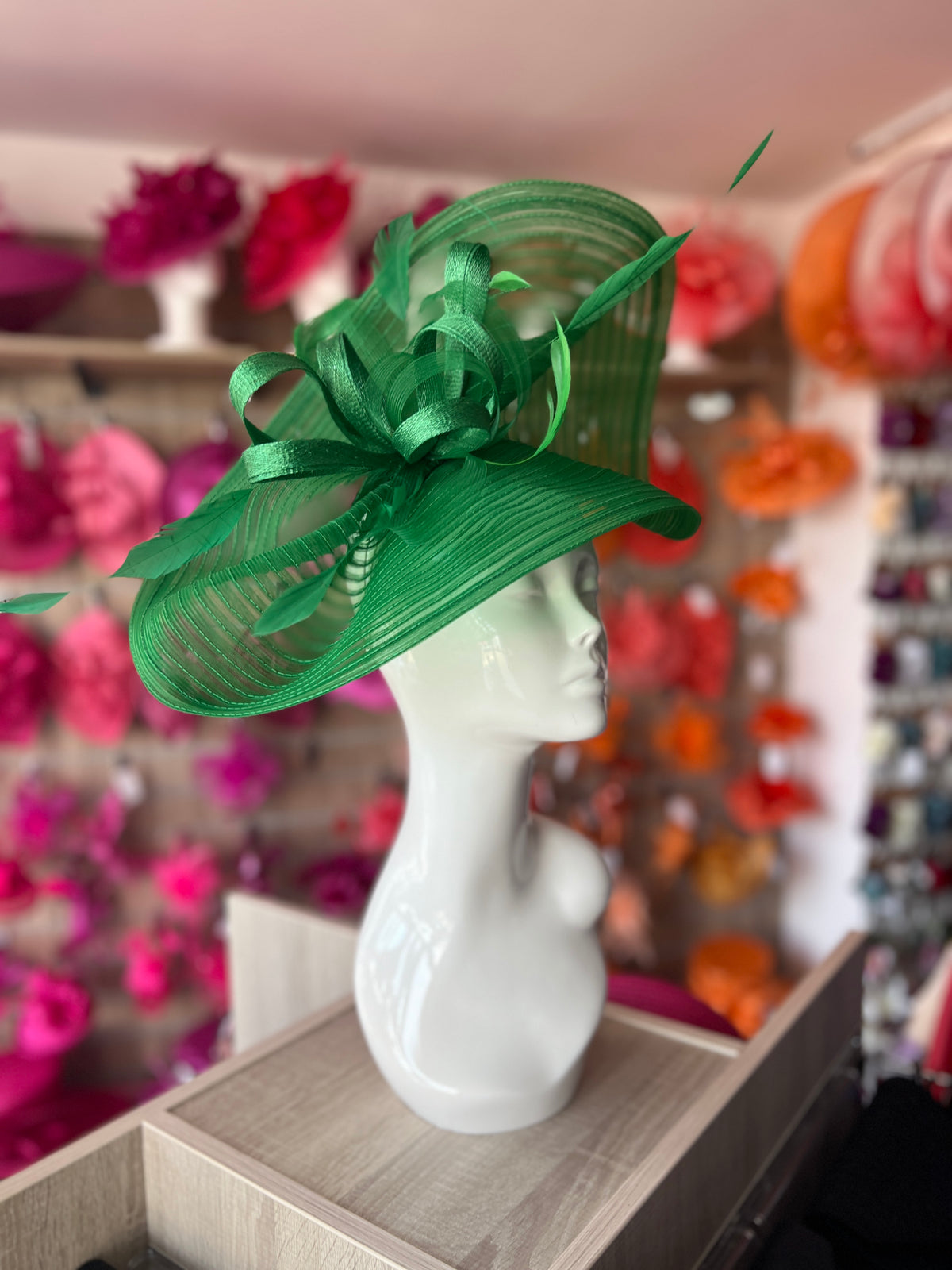 Fern Green Crinoline Hatinator with Loops &amp; Feathers-Fascinators Direct