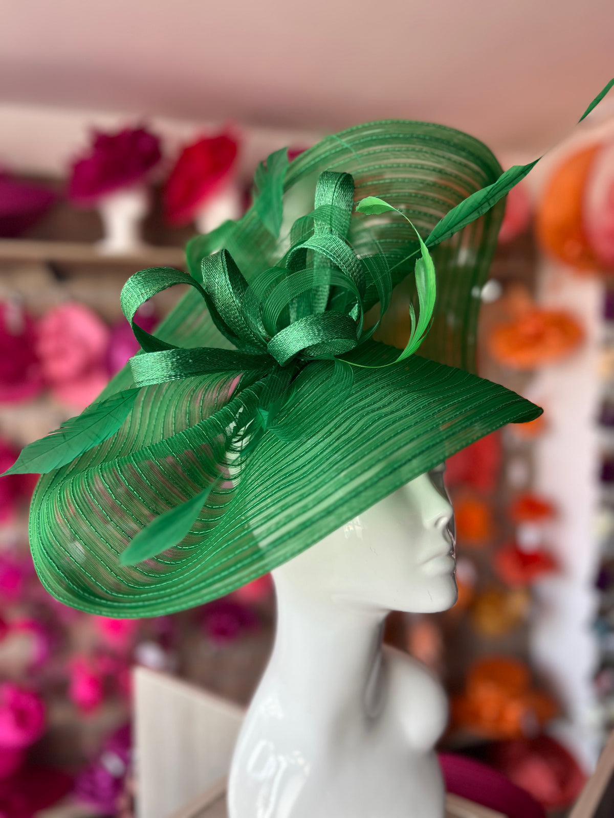 Fern Green Crinoline Hatinator with Loops &amp; Feathers-Fascinators Direct